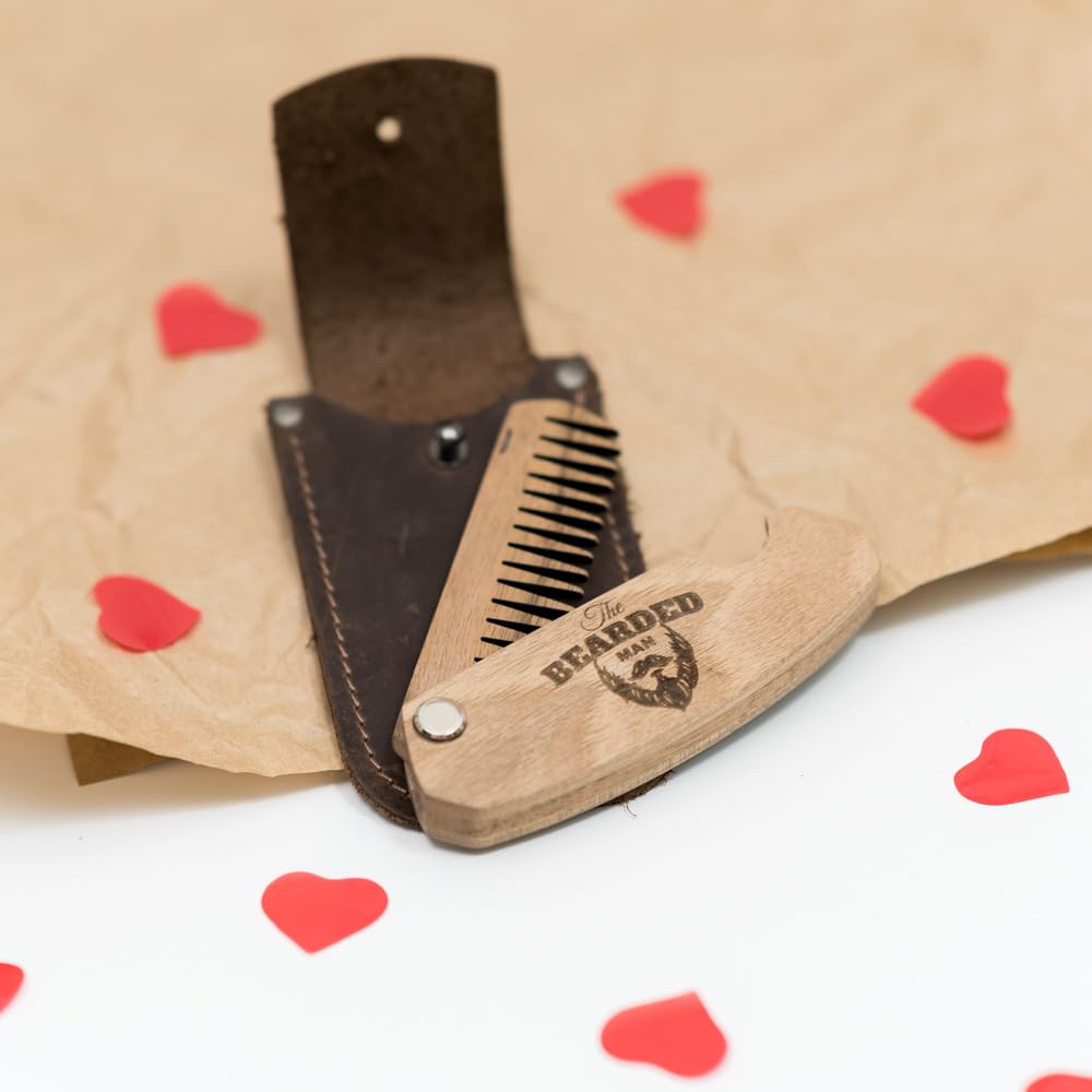 Beard Comb for Men Pocket Folding Combs for Mustache & Hair Travel Natural Wooden Comb with Real Man Engraving - Perfect for Use w/Beard Balm Oil (The Bearded Man)
