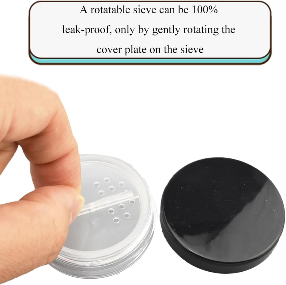 HAHIYO 1Pcs 20ml/0.68oz Plastic Empty Travel Compact Case Makeup Cosmetic Jar Refillable Powder Box No Leak Holder with Rotatable Sifter and Black Screw Lid