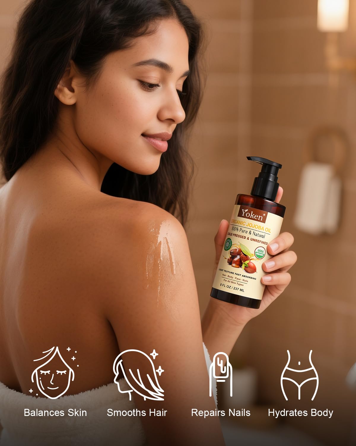 Yoken USDA Organic Jojoba Oil Cold Pressed 8 fl oz, 100% Pure & Natural Unrefined Jojoba Oil for Face Hair & Skin Massage, Hexane Free, Deeply Moisturizing Body Carrier oils Multi-Purpose Serum