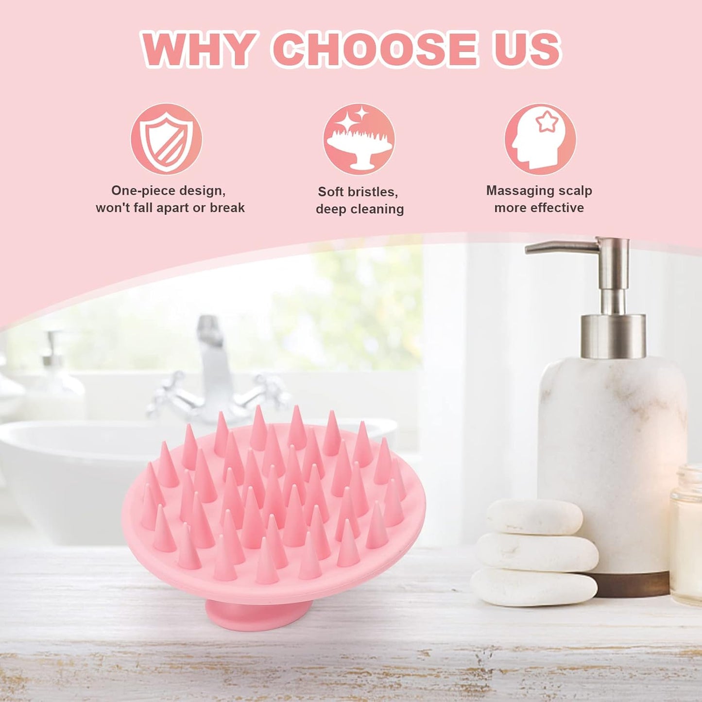 Silicone Scalp Massager Shampoo Brush, Scalp Brush for Hair Growth & Dandruff Removal, Hair Scrubber Scalp Stimulator Exfoliator Brush with Soft Bristles for Wet Dry Scalp Care (Pink)
