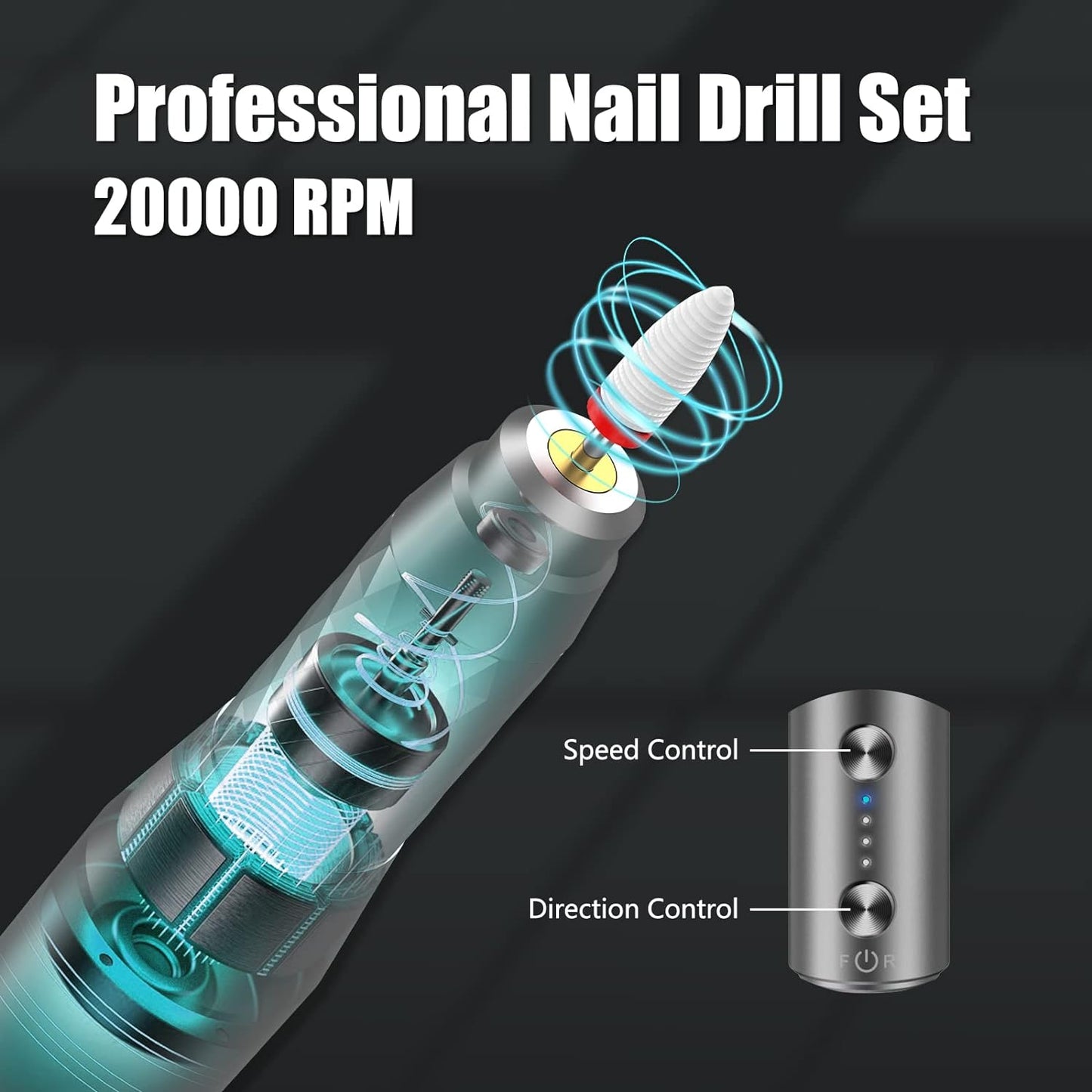 Electric Nail Drill Machine Professional, Rechargeable Cordless Nail File with Bits Kit for Acrylic Gel Dip Nails, Efile Manicure and Pedicure Kit for Home Salon Grinding Polishing Removing, Gray