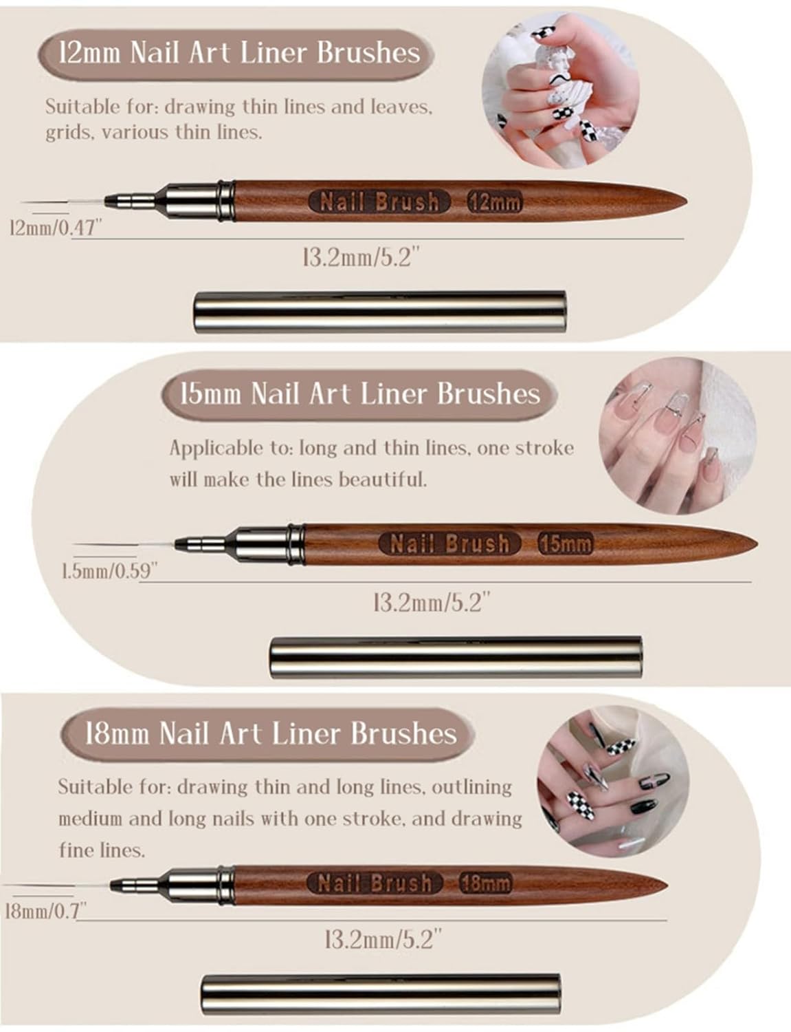 5Pcs Nail Art Liner Brushes, Fine Liner Striping Brush 6/9/12/15/18mm Thin Nail Art Design Brush with Cap Nail Brush Gel Polish Painting Nail Art Design Brushes for Long Lines, Thin Details