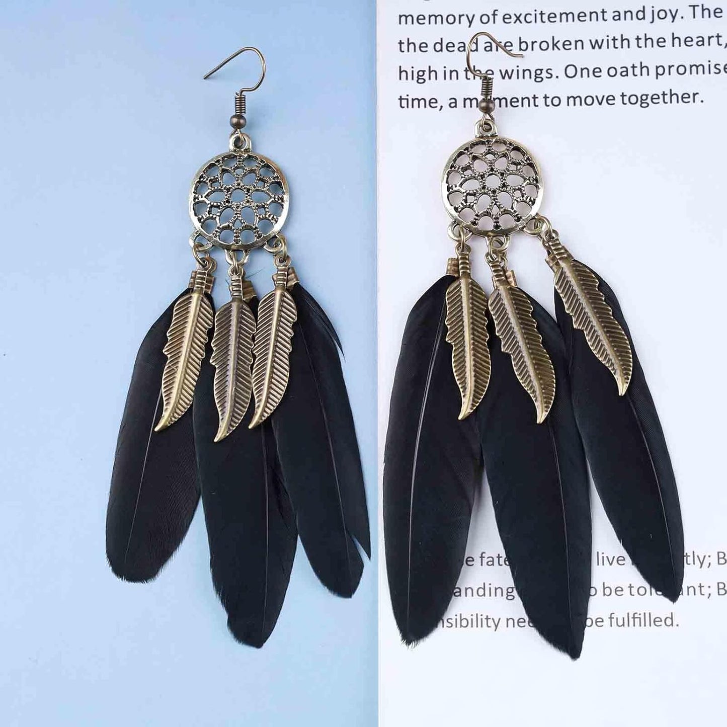 Boho Black Feather Dangle Earrings Long Feather Tassel Earrings Vintage Tribal Feather Earrings Gold Feather Drop Earrings Jewelry for Women