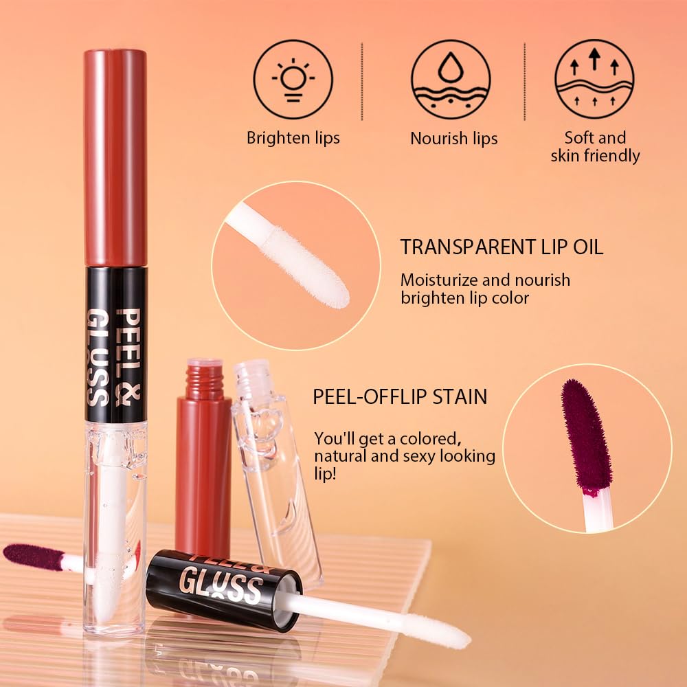 Maroon Lip Stain Peel Off Lip liner and Lip oil with Tweezer, Dual-Ended Peel Off Lip Stain Tattoo, Highly Pigmented Long Lasting Waterproof, Transfer-proof for All Skin Types, 07#