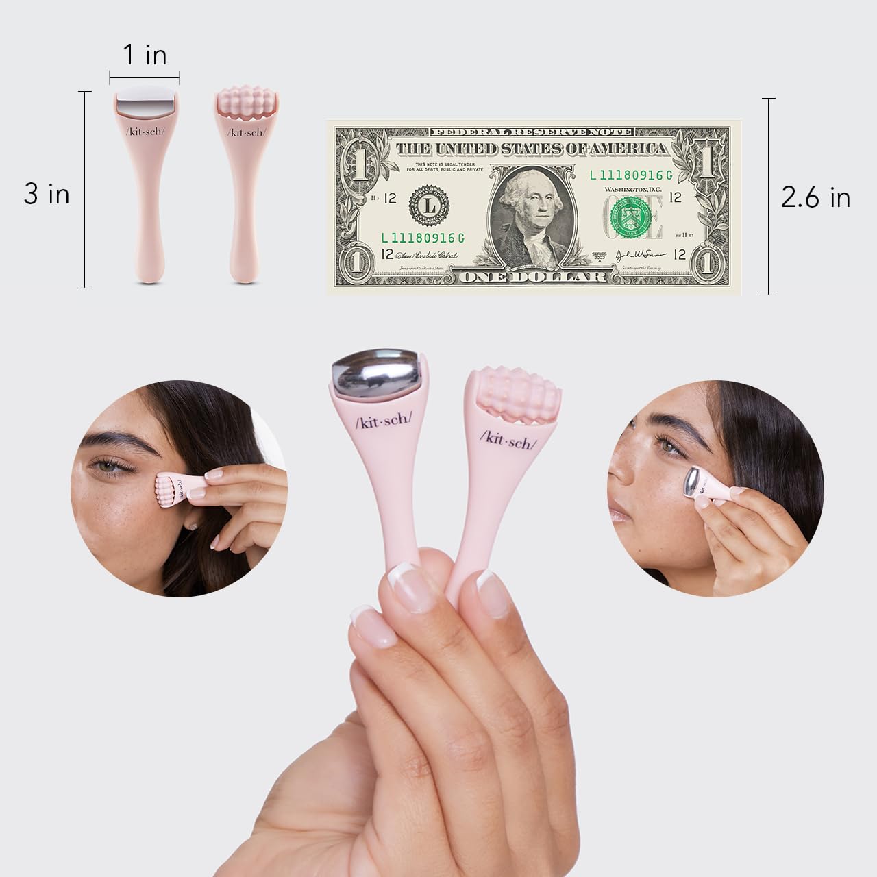 Kitsch Mini Facial Roller & Ice Face Roller Skin Care Tool Set for Women - Face Massager for Puffy Eyes, Cold Therapy, Lymphatic Drainage Massager, Self Care Gifts for Women & Men - Blush