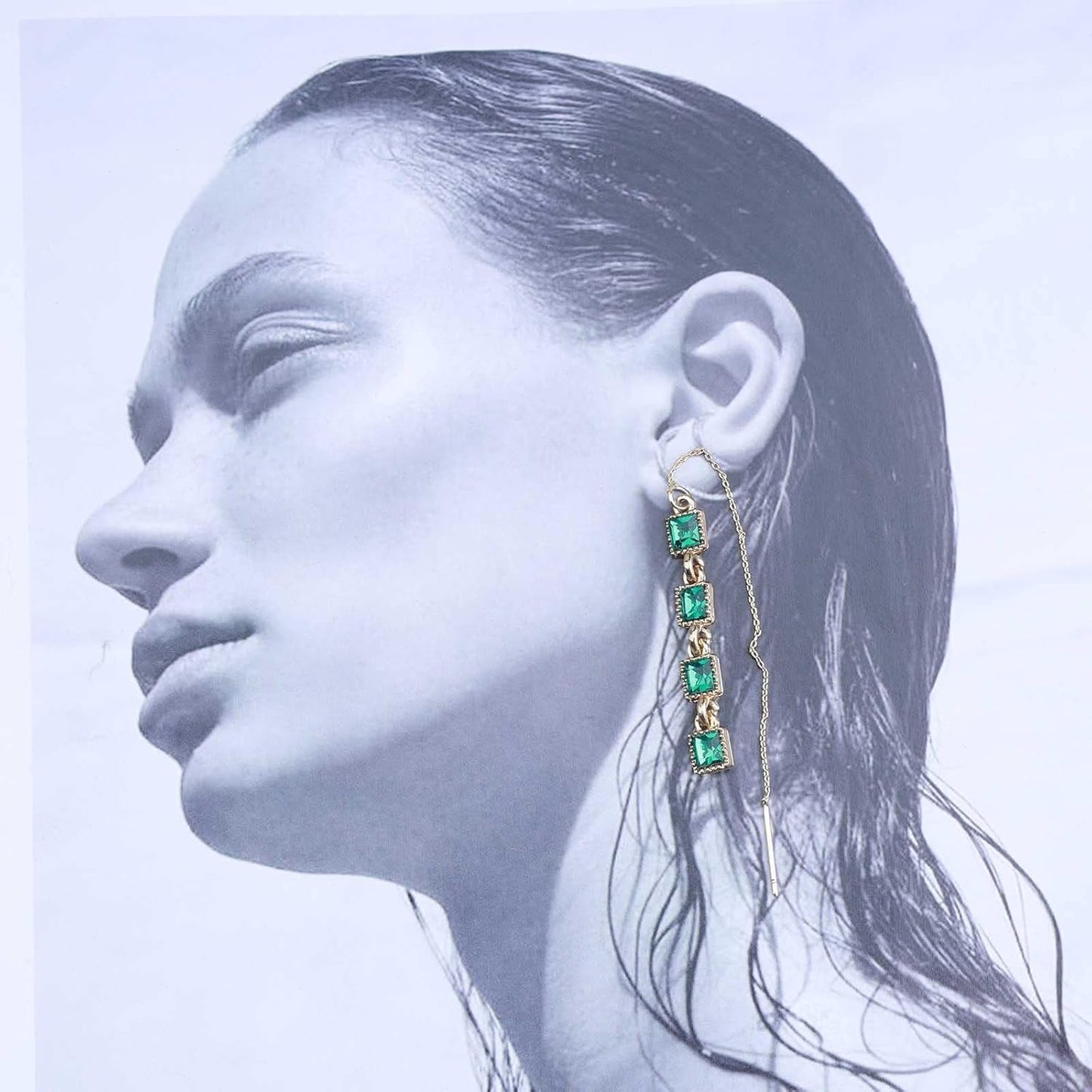 Vintage Crystal Emerald Threader Earrings Emerald Square Stud Earrings Long Chain Tassel Dangle Earrings Gold Bar Pull Through Earrings Jewelry for Women