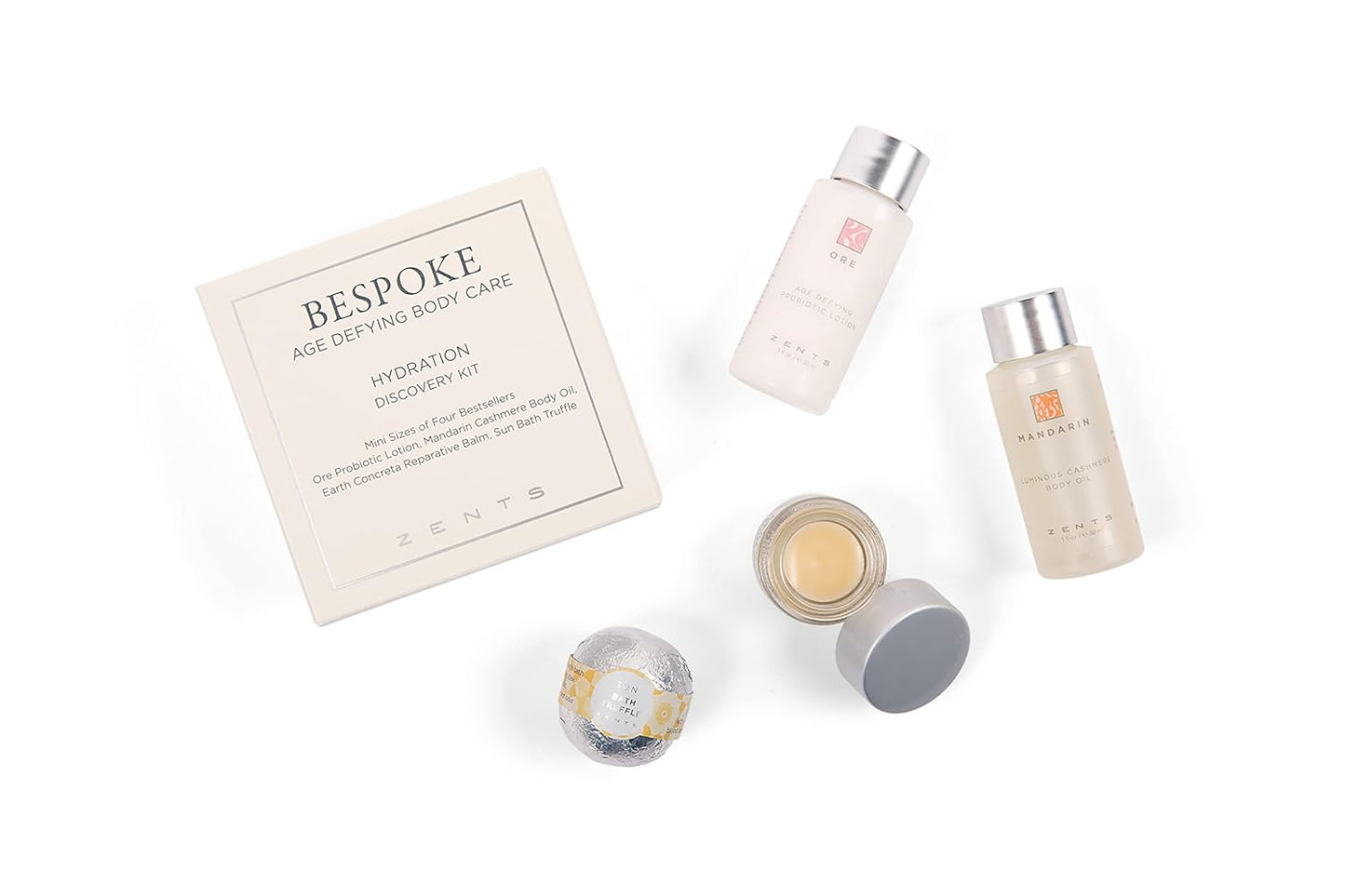 Zents Hydration 4-pc Mini Set, Age defying Best Sellers Hydration Kit with Ore Probiotic Lotion, Mandarin Body Oil, Earth Reparative Balm & Sun Bath Bomb