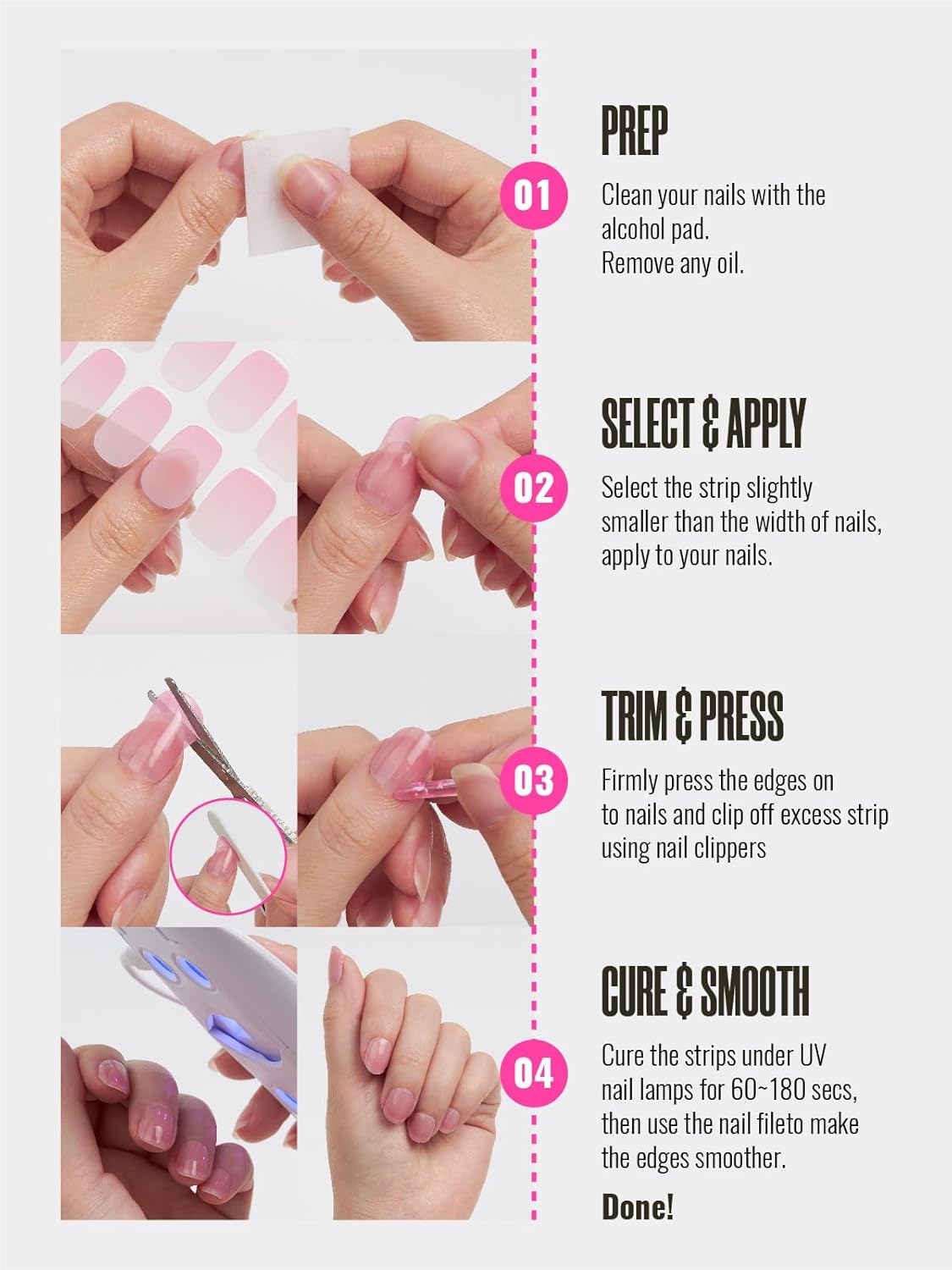 Semi Cured Gel Nail Strips, 30pcs Gel Nail Wraps, 2 Weeks Long Lasting