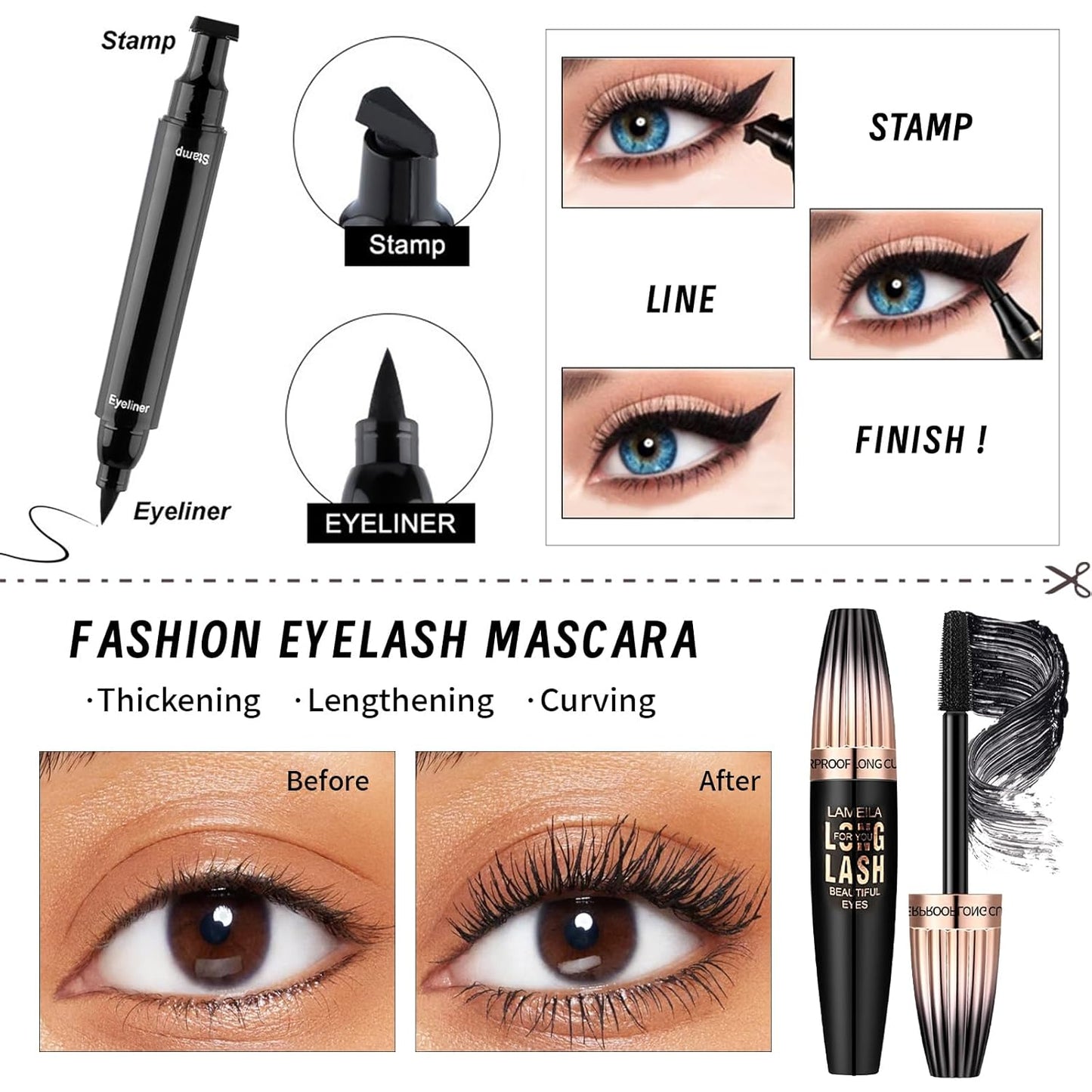Face Primer, Makeup Brush and Sponges, Eyebrow Soap and Pencil, Mascara, Winged Eyeliner Stamp, cosmetic bag,Eyebrow Soap and Pencil, Mascara, Winged Eyeliner Stamp