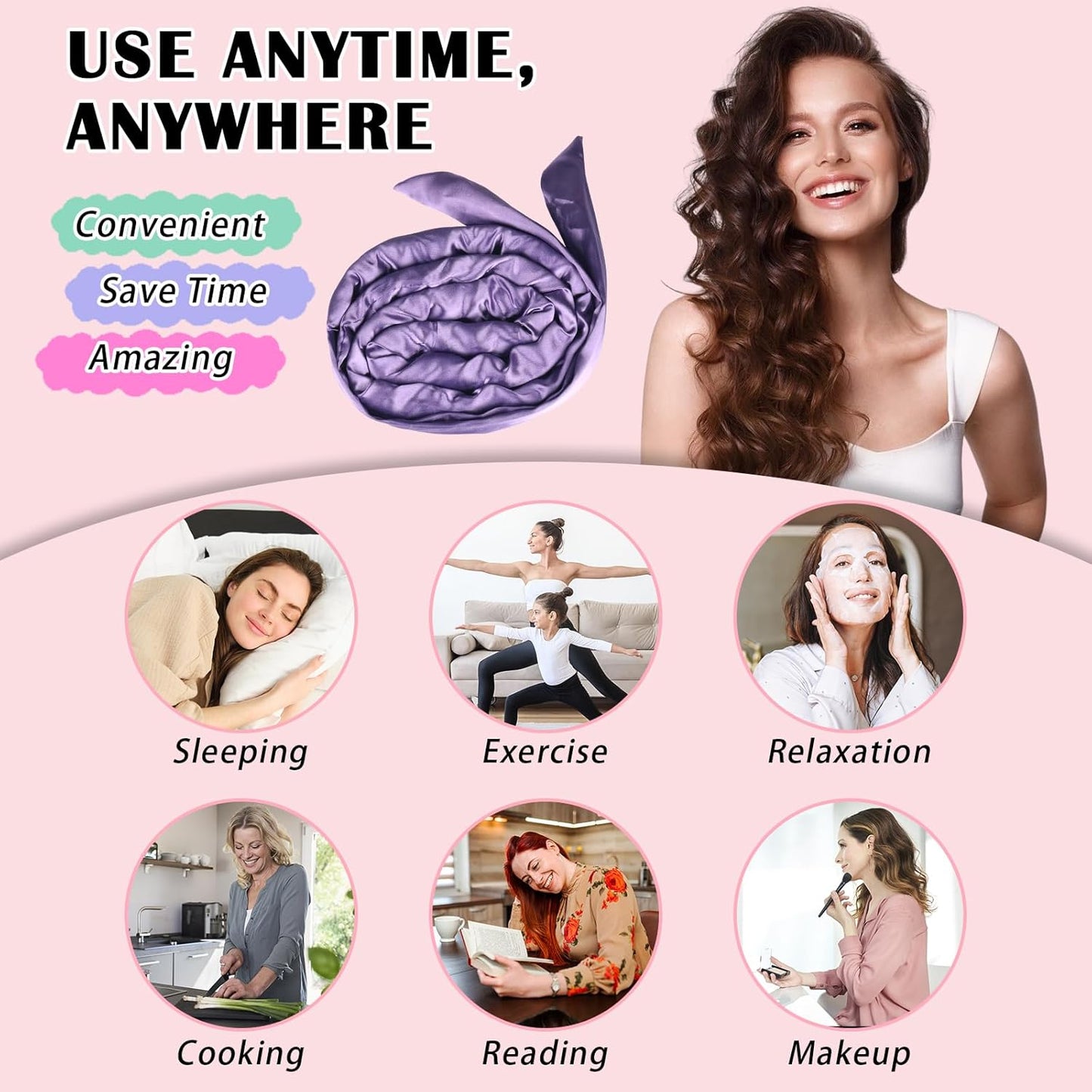 Satin Heatless Curls Overnight Hair Curlers to Sleep In Hair Curler Rollers No Heat Hair Wrap for Curls Headband, 70" Satin Heatless Curling Set for Women Long Waves Hair Volume -Purple 10 PCS