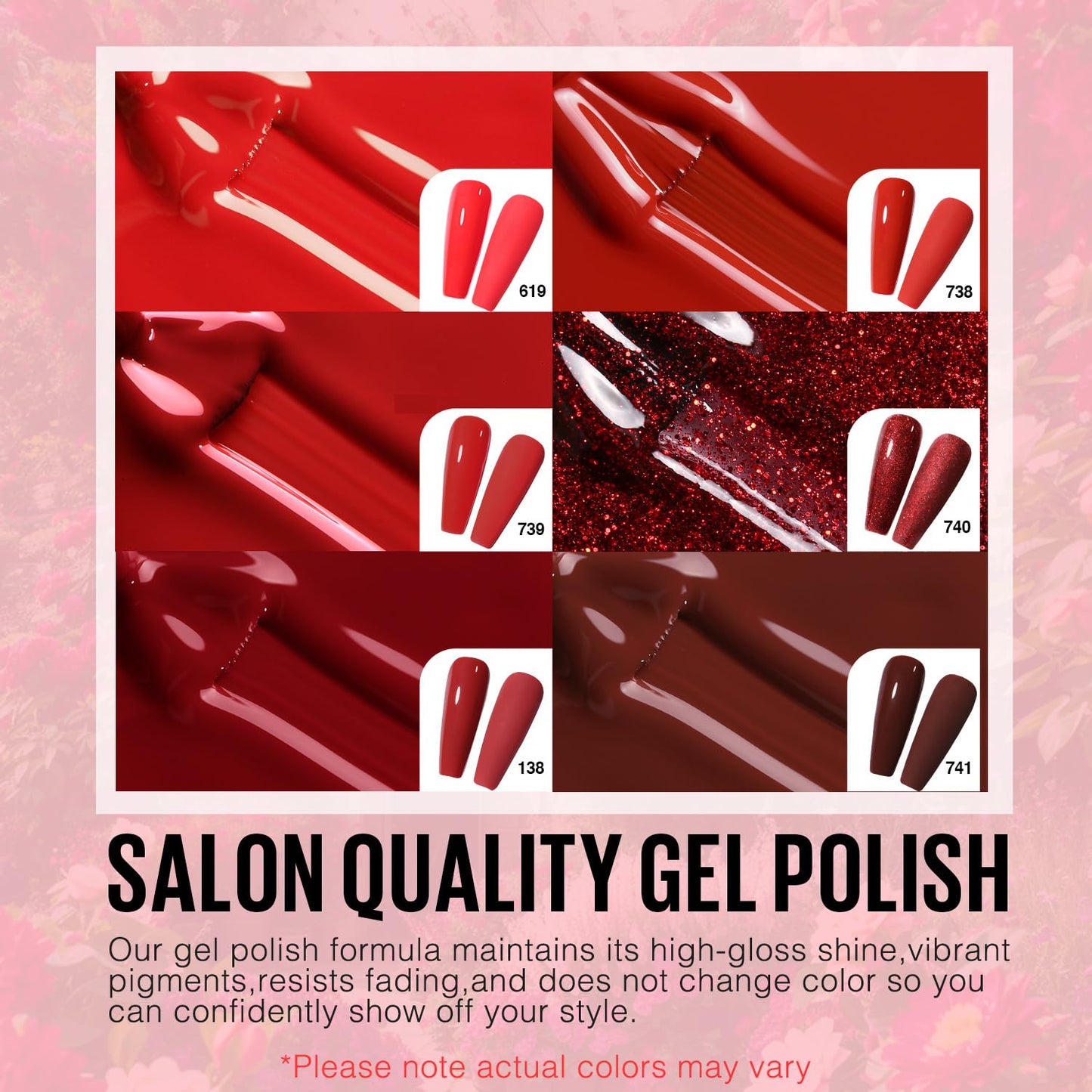 MEFA Red Gel Nail Polish Set, 6 Colors Gel Polish Kit Popular Burgundy Glitter Nail Polish Soak Off Rose Dark Red Shimmer DIY Home Salon Manicure Gifts for Women Girls 2025