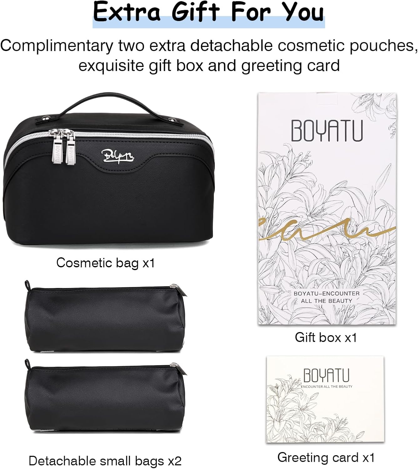 BOYATU Travel Makeup Bags for Women: Vegan Leather Cosmetic Bag Set of 3 - Large Capacity Make up Bag with Divider - Wide Open Waterproof Toiletry Organizer Bag with Handle (05-Black)