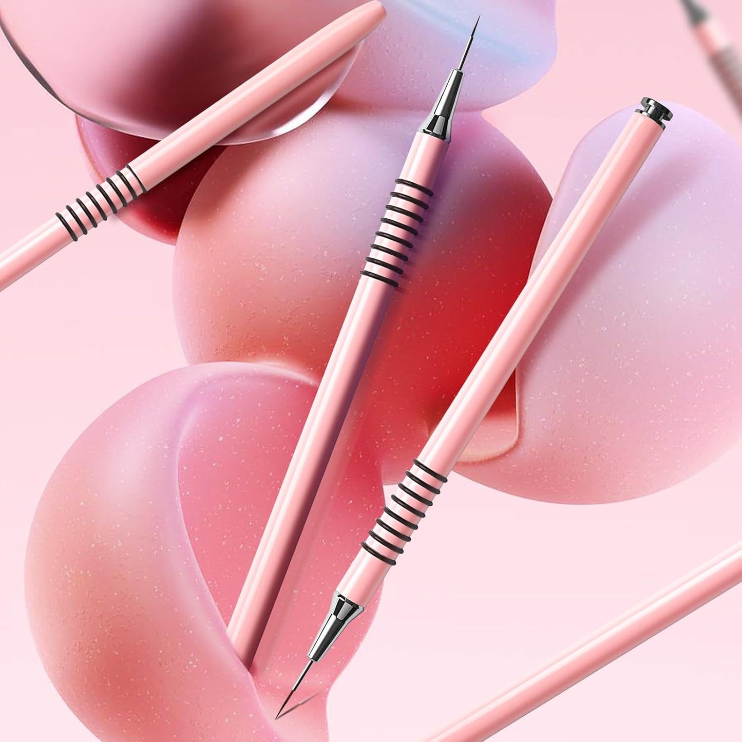 Nail Art Liner Brushes Set, 6Pcs Nail Art Design Brush Striping Thin Long Lines Dotting Drawing Pen, UV Gel Polish Painting Metal Handle Striper Brushes Size 5/7/9/11/20/25mm Pink