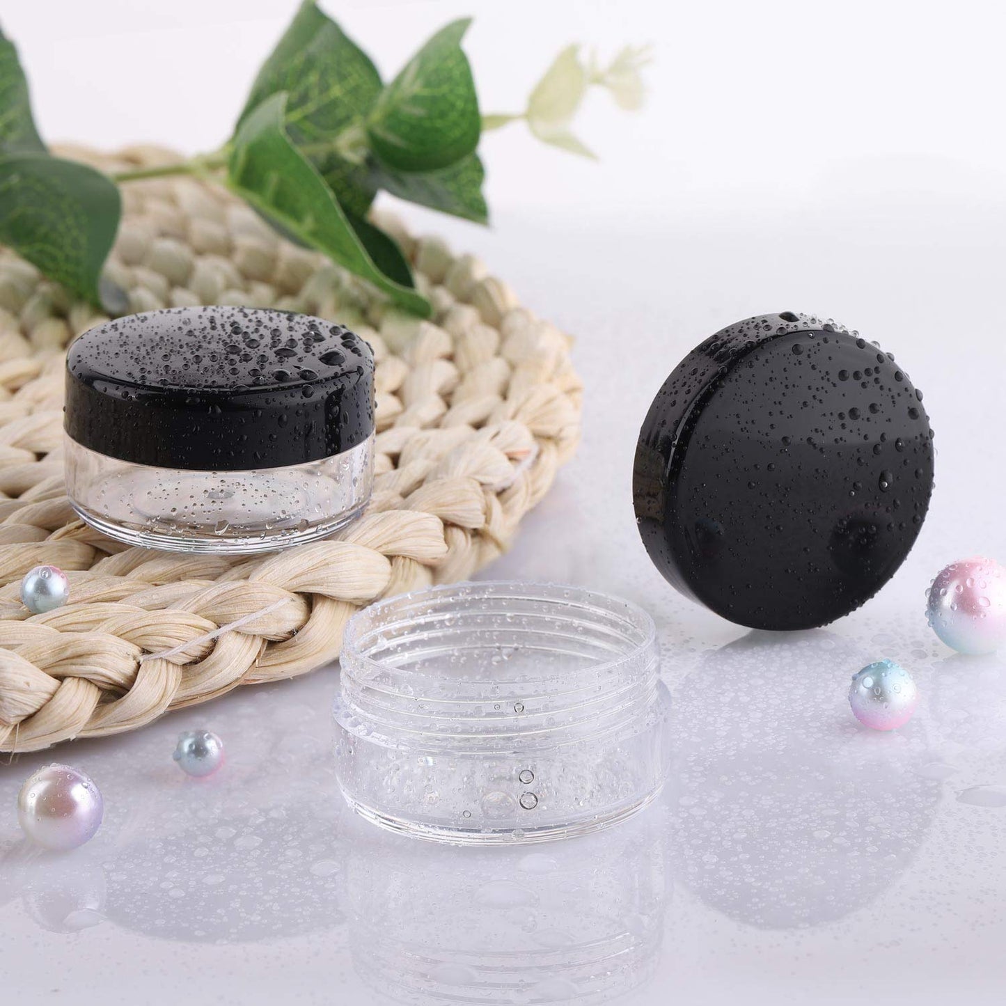 Refillable Cosmetic Sample Jars - 100 Pack 10g (0.35oz) Black Small Travel Containers with Lids + 10 Mini Makeup Spatulas - BPA Free