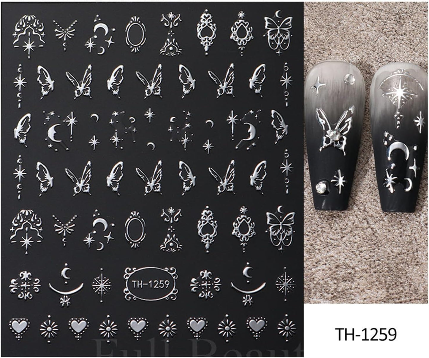 Metallic Silver Nail Art Stickers 3D Self-Adhesive Nails Stickers Bohemian Sun Moon Hexagram Butterfly Heart French Tip Decal Supplies Women DIY Silver Metal Nail Art Decoration 4Sheets