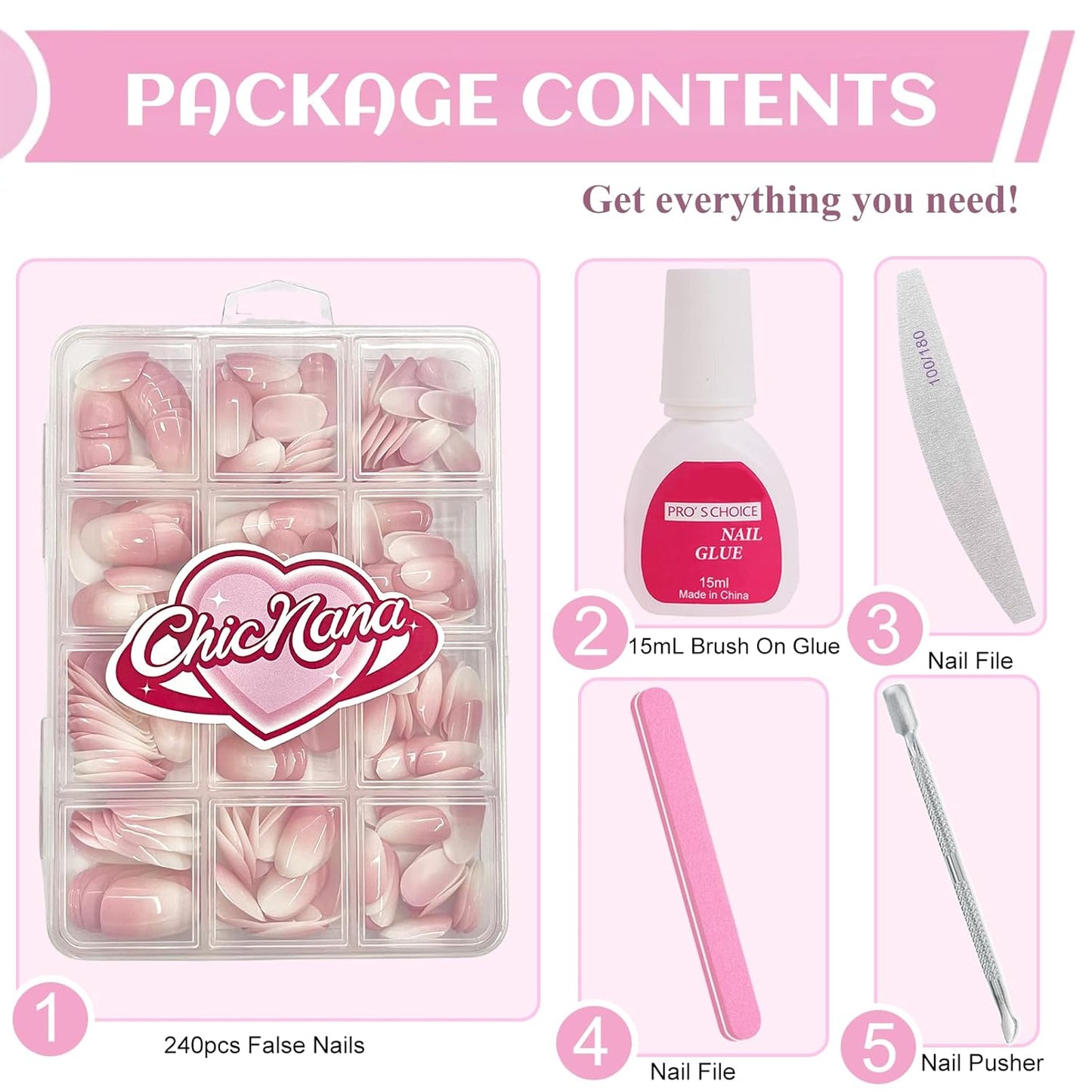 Ombre Press On Nails - 240Pcs Square Short Press on Nails, White Nail Tips Pink White Gradient Soft Gel False Nail Tips Salon Perfect Fake Nails Kit Extensions DIY (Extra Short Square)