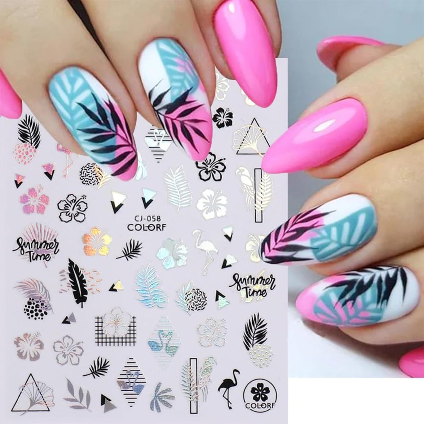 Summer Nail Art Stickers 6 Sheets Shell Nail Decals 3D Self-Adhesive Nails Design Accessories Palm Tree Jellyfish Mermaid Stickers for Women Nails Decoration