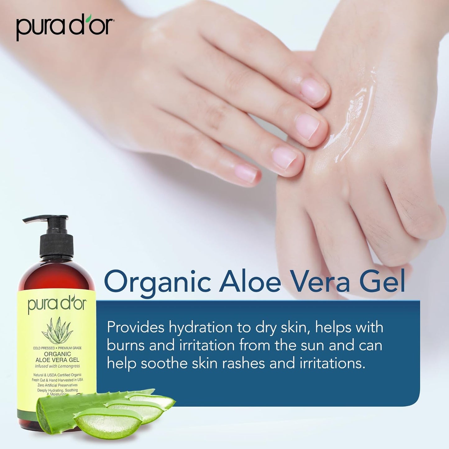 PURA D'OR 16 Oz ORGANIC Aloe Vera Gel - Lemongrass - All Natural - ZERO Artificial Preservatives - Deeply Hydrating & Moisturizing - Sunburn, Bug Bites, Rashes, Small Cuts, Eczema Relief - Skin & Hair