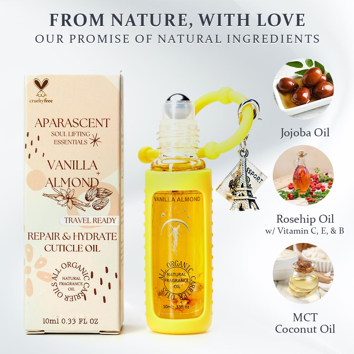 Vanilla Almond Organic Nail Cuticle Oil Pen with Jojoba, Coconut MCT, and Rosehip for Nail Hydration, Growth & Strength, Travel Size Keychain(0.34 Fl Oz)