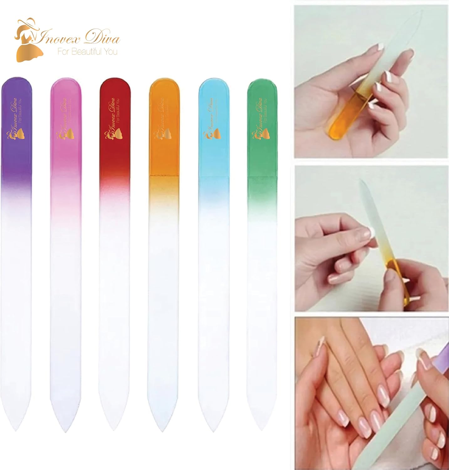 6 Pack Crystal Glass Finger nail File with PU Leather Bag, Professional Czech Glass acrylic Nail File & Nail Buffers, Nail File for Shiny, Natural & Acrylic Nails, Nail Care Tools Gifts by INOVEX Diva