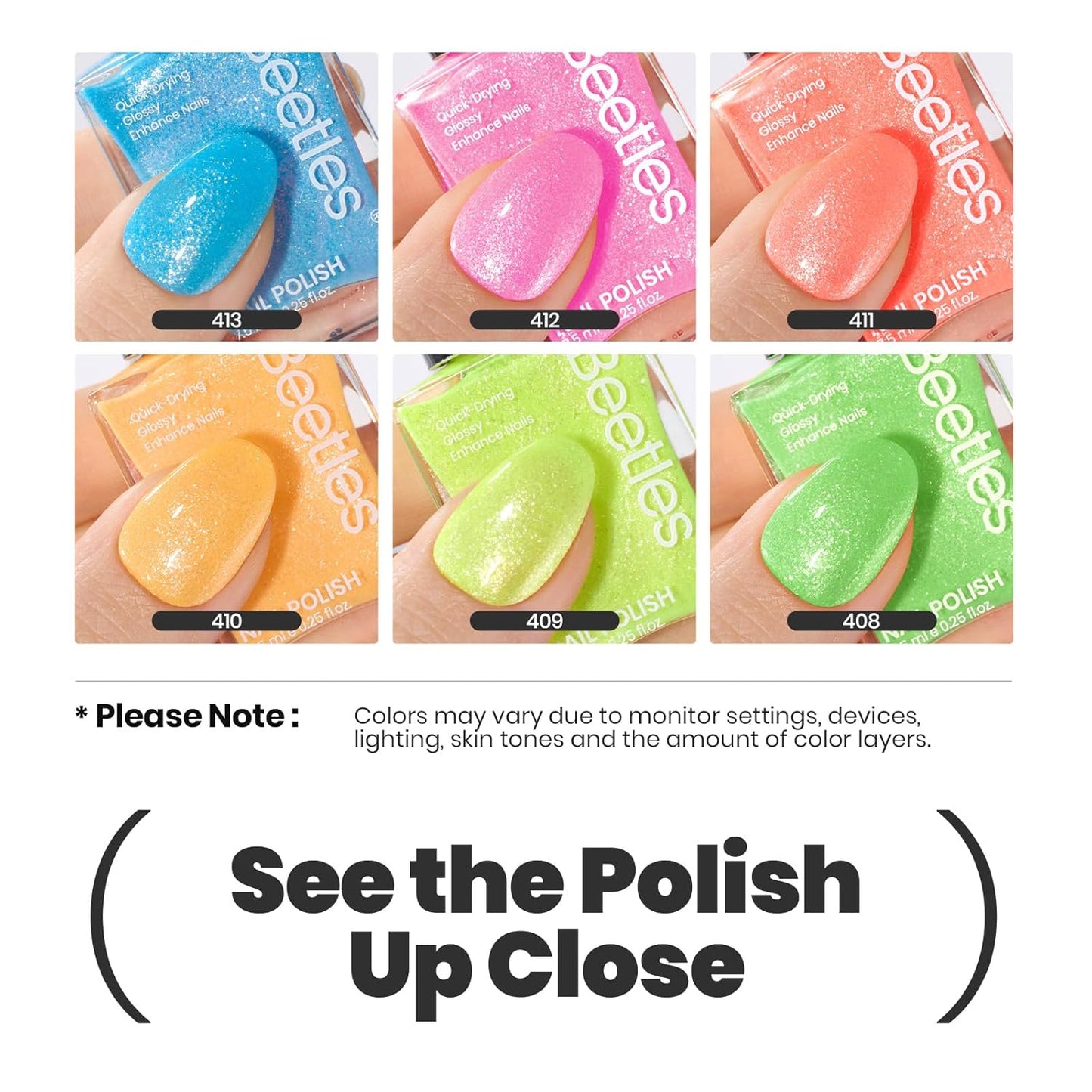 Beetles Neon Nail Polish Set, 6 Colors Glitter Nail Polish Kit Shimmer Pink Blue Green Yellow Orange Neon Fever Quick Dry Fingernail Polish Gifts for Women Salon DIY Manicure Kit