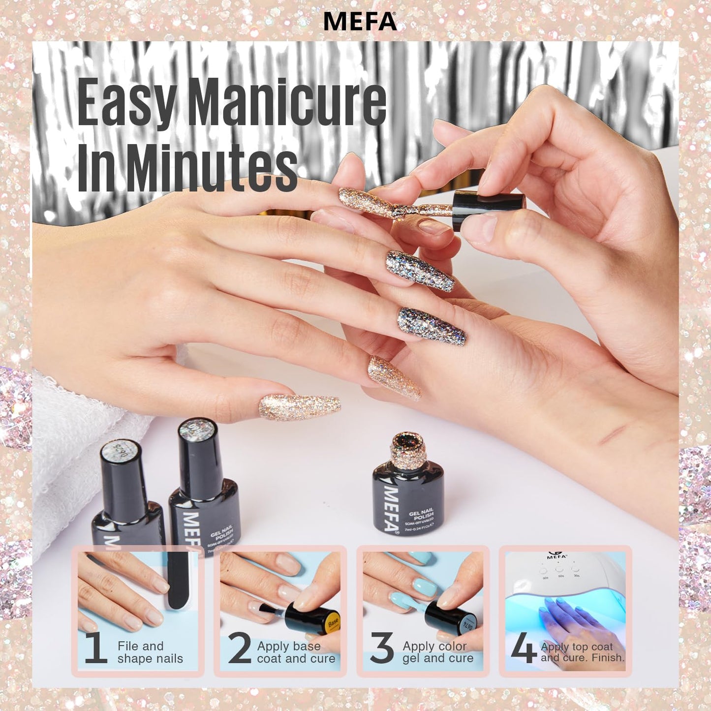 MEFA Glitter Gel Nail Polish Set 6 Colors, Chrome Platinum Sparkly Shiny Black Silver Champagne Turquoises Gel Polish Kit Soak Off Nail Art Design Salon at Home DIY Manicure Kit Gifts for Women