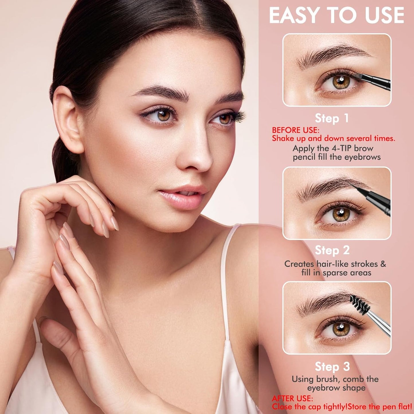 Eyebrow Pencil,2-in-1 Waterproof Eyebrow Pen with 4 Tip Brow Pen and Ultra-Precise Brow Pencil,with Dual-ended Eyebrow Brush,Eyebrow Makeup for Natural Looking Eyebrows - Black Brown