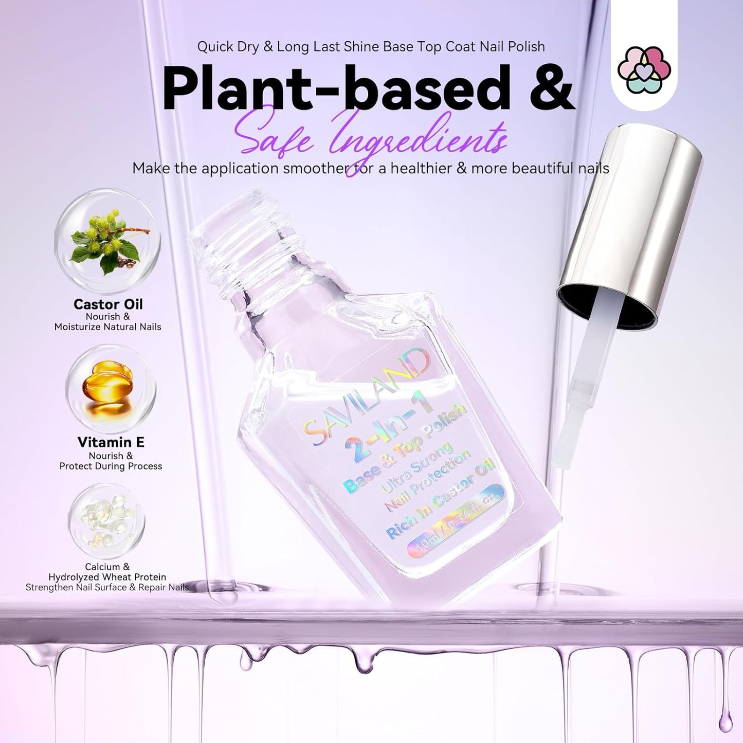 SAVILAND Clear Nail Polish Base Top Coat: 2 in 1 Quick Dry Nail Polish Long Lasting Fingernail Toe Polish Color Protection Resists Smudging, Chipping and Fading Shine Finish Polish Salon Home Nail Art