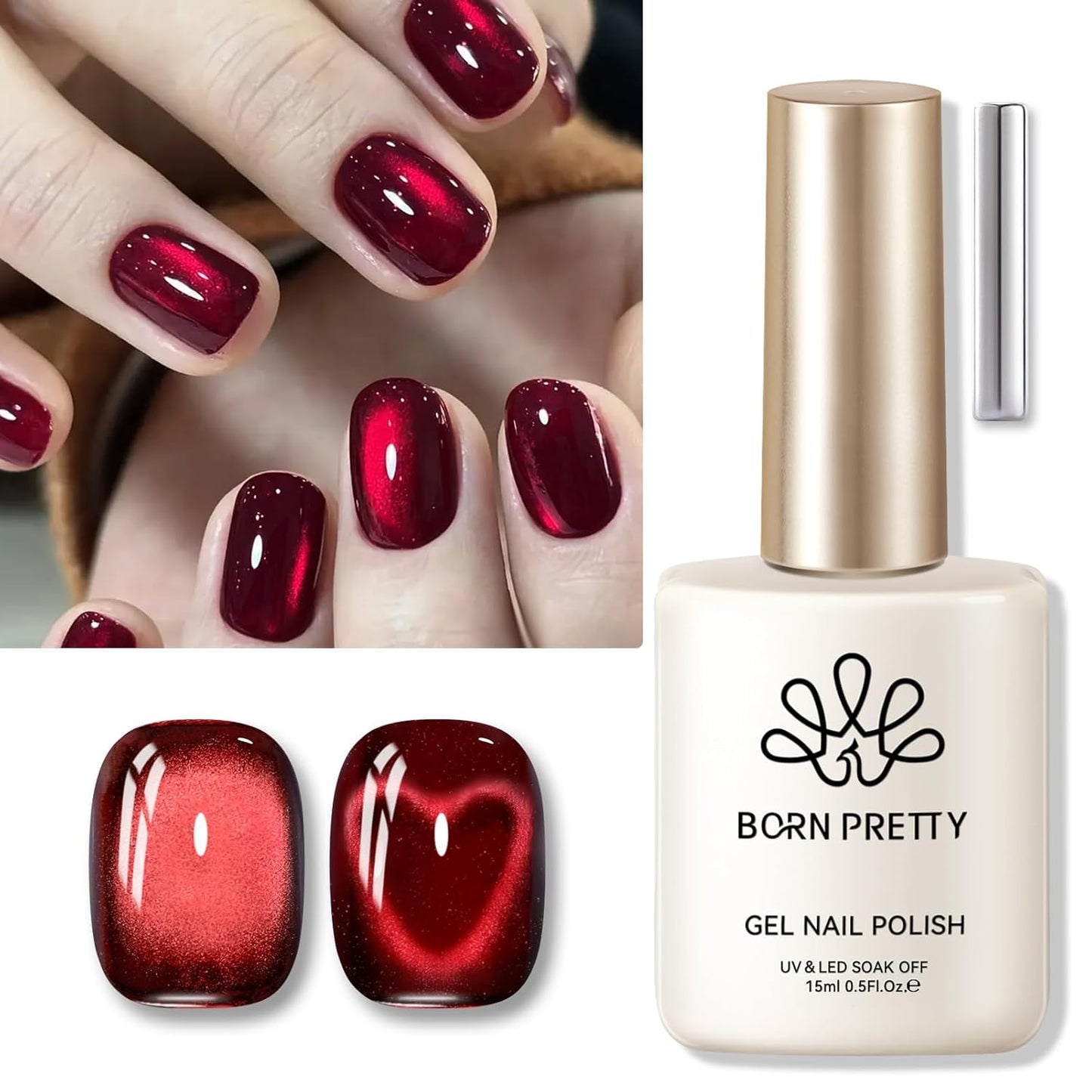 Born Pretty Red Cat Magnetic Gel Nail Polish, Black Red Glass Gel Polish Halloween Cat Magnetic Nail Polish Nail Art Manicure Salon DIY at Home 15ML