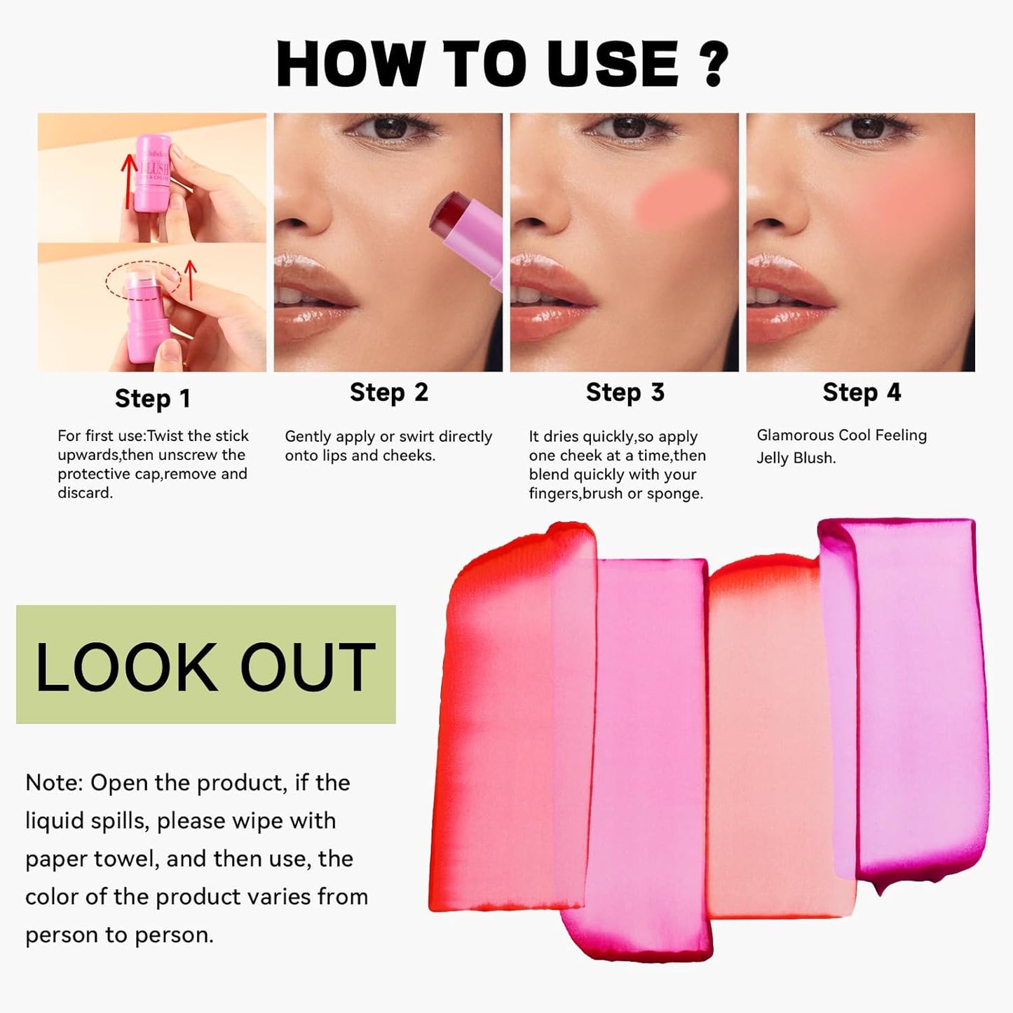 4 Color Milk Jelly Blush Stick, Cooling Water Jelly Lip Stain Cheek Stain, Vegan, Cruelty Free.