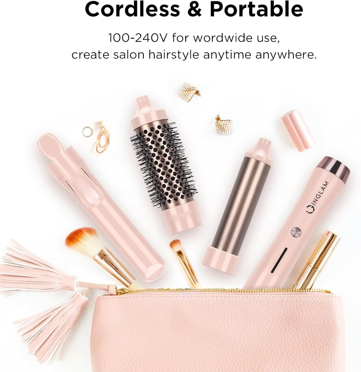 IG INGLAM 3 in 1 Cordless Detachable Hair Styling Set with 1'' Flat Iron, 1.25" Curling Wand, 1.5" Thermal Brush, Rechargeable Portable for Travel, Gift for Women