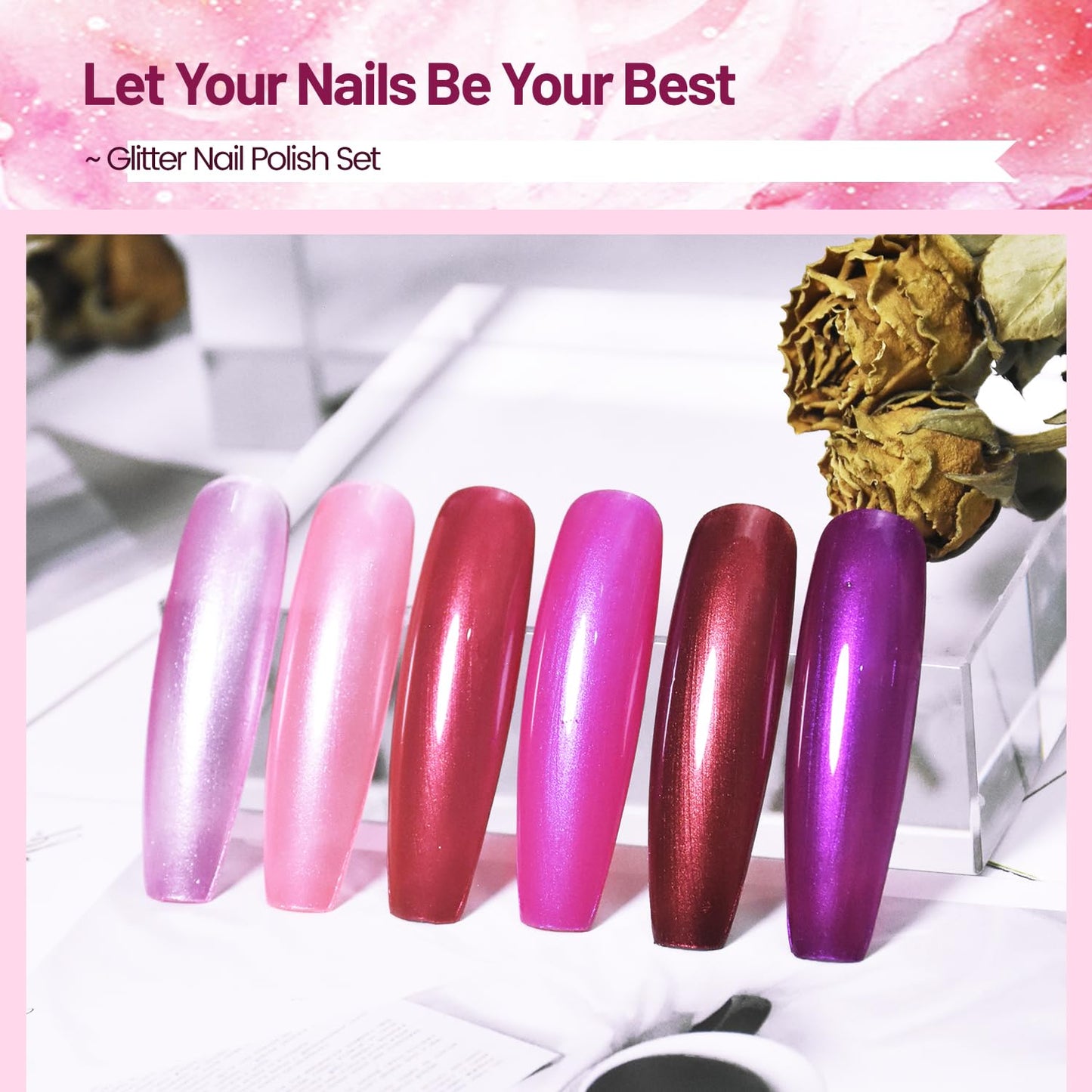 10ml 6 Colors Red Glitter Nail Polish Set Glitter Rose Red Pink Deep Purple Series Nail Polish Gifts for Women