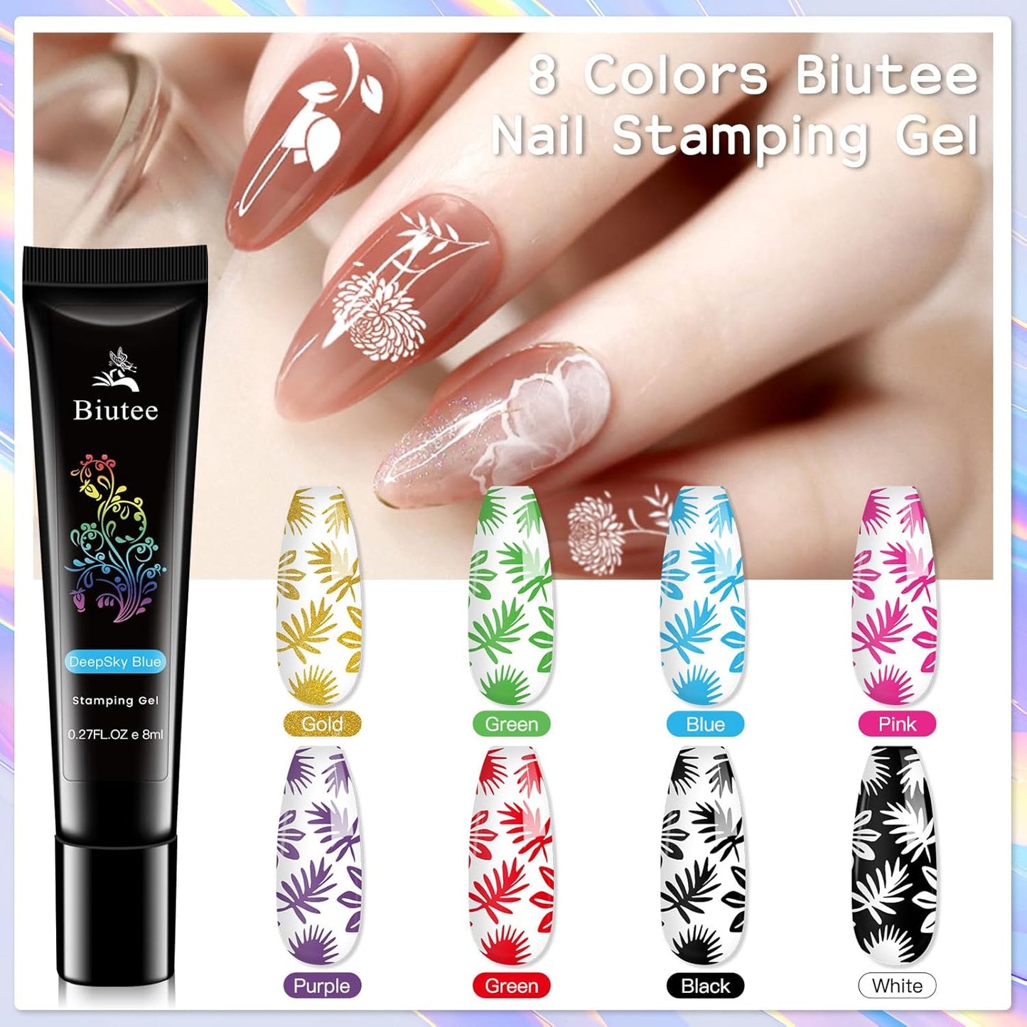 Biutee Nail Stamper Kit 16Pcs Nail Art Stamping Plate 8 Colors Stamp Polish Gel Silicone Stamper Scraper with Storage Bag, Nail Stamp Plates Love Flower Butterfly Leaf Template Halloween Design Gift