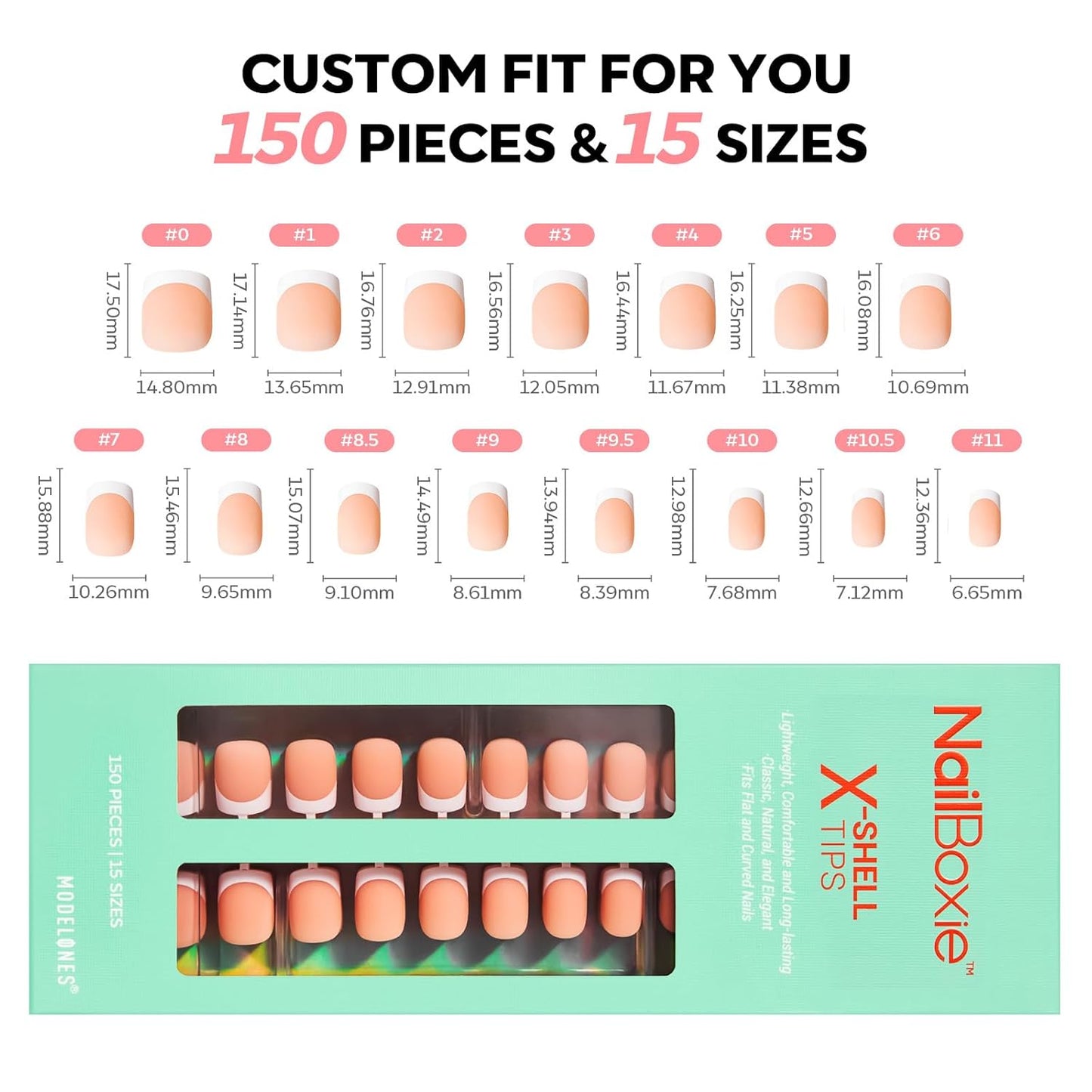 modelones French Tip Press on Nails, 150Pcs Extra Short Square Fake Nails with Nail Box, Deep Nude Gel Nail Tips for Women, Soft Glue-On Nails for Natural Salon Look, DIY Nail Art (15 Sizes)