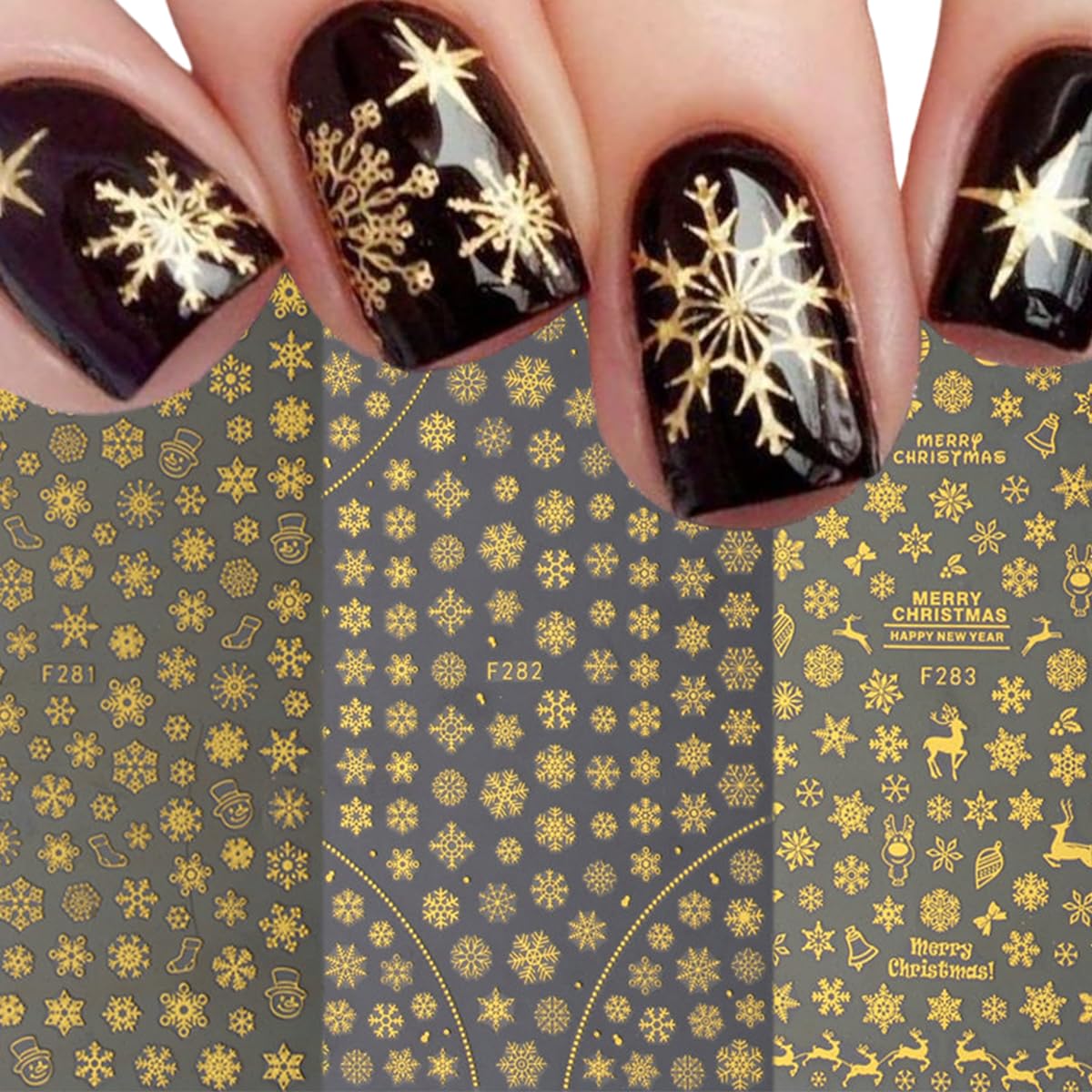 8 Sheets Snowflakes Nail Stickers- 3D Christmas Nail Art Stickers Self-Adhesive Winter Nail Decals White Gold Snowflake Balls Elk Designs Christmas Sticker for Nail Art Women DIY Xmas Nail Decoration