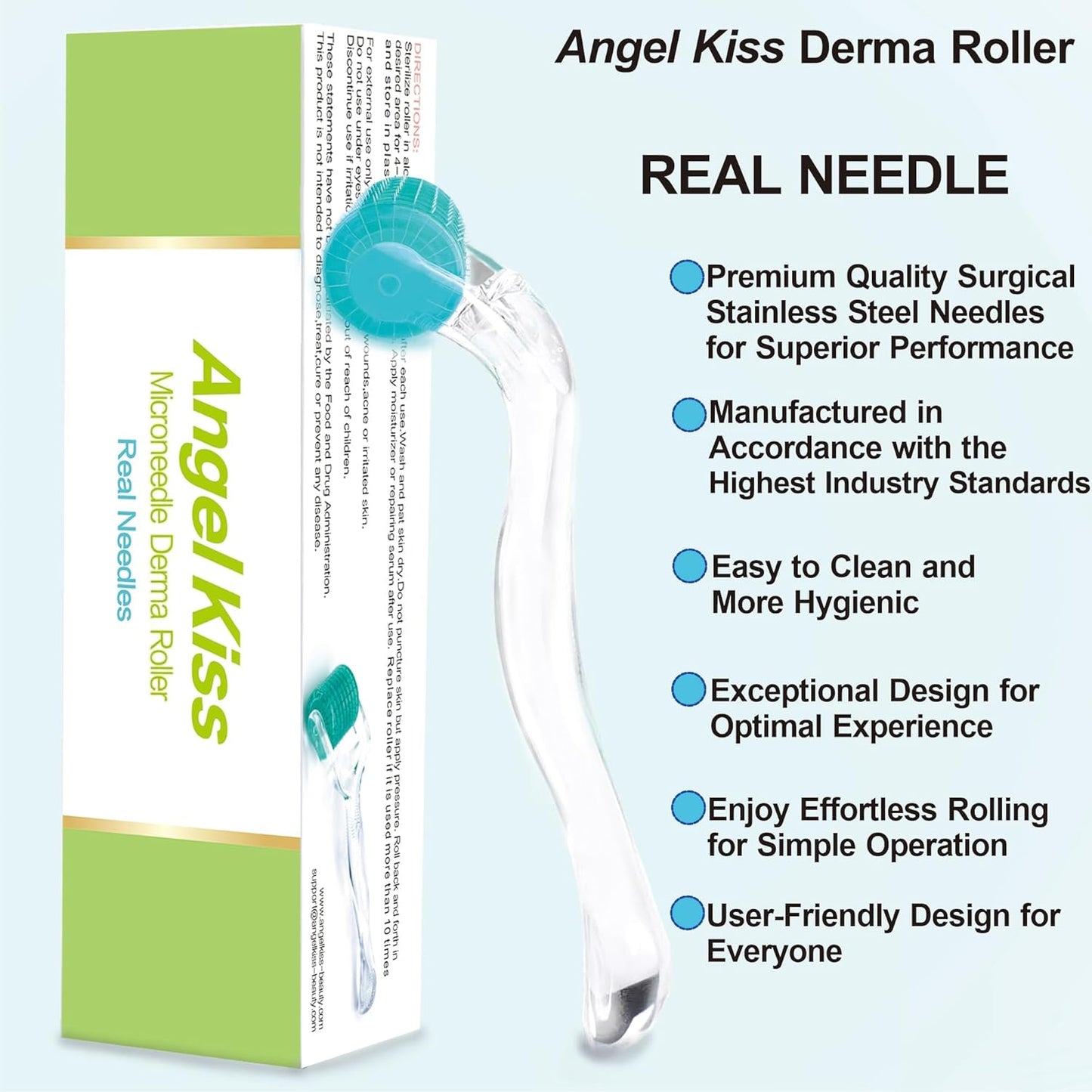 Derma Roller Real Needles - Angel Kiss 0.30mm Microneedling Roller with Case - 192 Stainless Steel Micro Needling Dermal Kit for Face, Scalp, Body - At Home Microdermabrasion Roller for Women Men