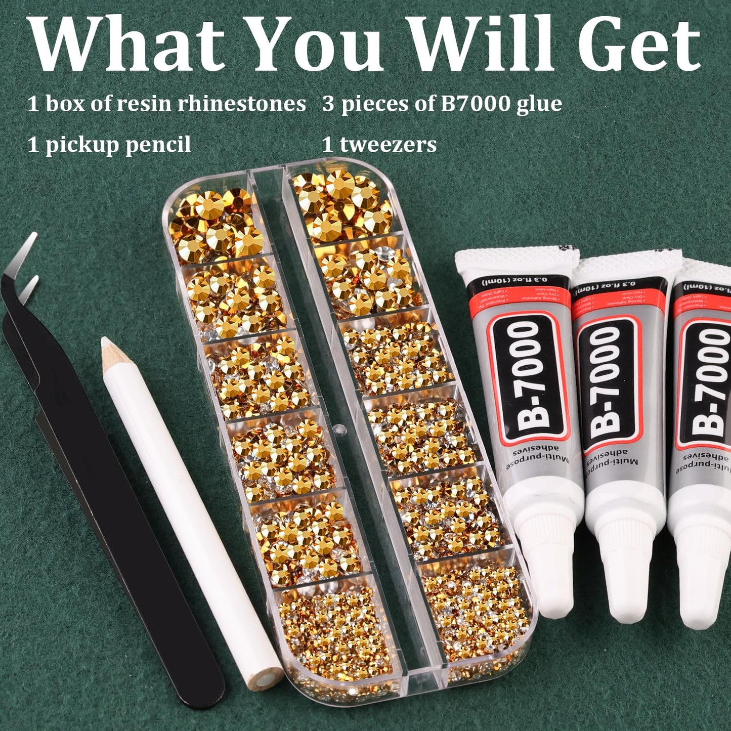 Resin Rhinestones for Crafting with B7000 Jewelry Glue, 1 Box Gold Flatback Crystals with 3Pcs 10ml Glue for Bedazzling Crafts DIY Nail Art Makeup,Non Hotfix Gems for Clothing Shoes