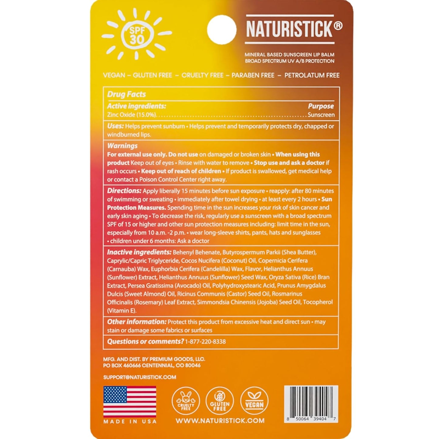 Naturistick SPF 30 Vegan Lip Balm β Mineral Sunscreen with Zinc Oxide | Broad Spectrum UVA/UVB | 100% Natural, Coral-Friendly Formula | 5-Pk Raspberry, Coconut, Cherry, Citrus, Spearmint | Made in USA