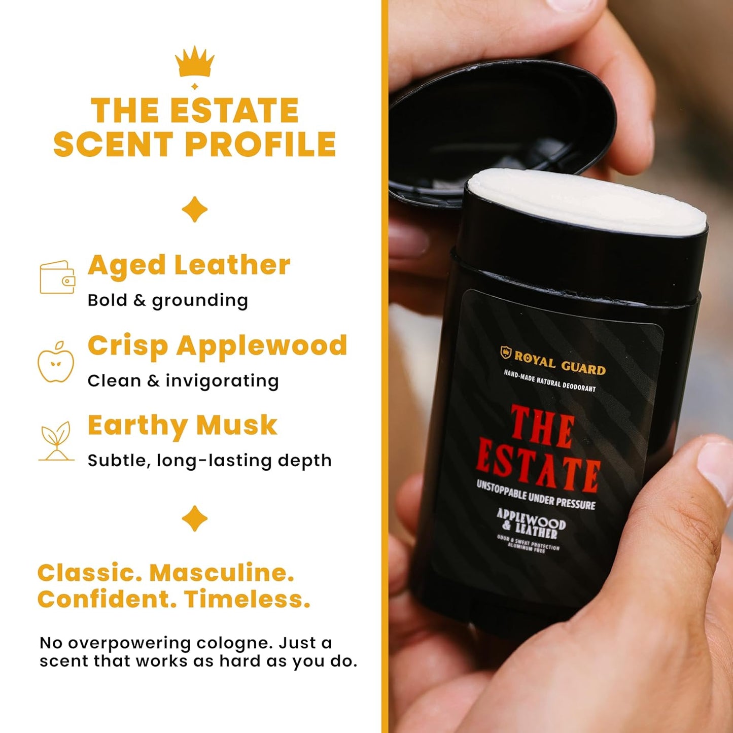 Royal Guard Natural Deodorant for Men - The Estate - Aluminum Free, Organic, Vegan, Chemical-Free, Non-Toxic, Hypoallergenic - Applewood & Leather Scent (1)
