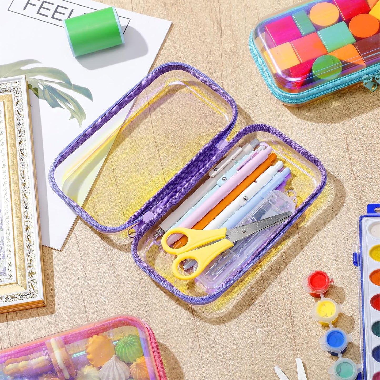 Sanwuta 6 Pcs Clear Hard Zipper Case Pencil Pouches Hard Plastic Zipper Pouches Makeup Bag Transparent Cases for Snacks Plastic Storage Organizer Box for Travel(Holographic,7.48 x 3.94 x 2 Inch)