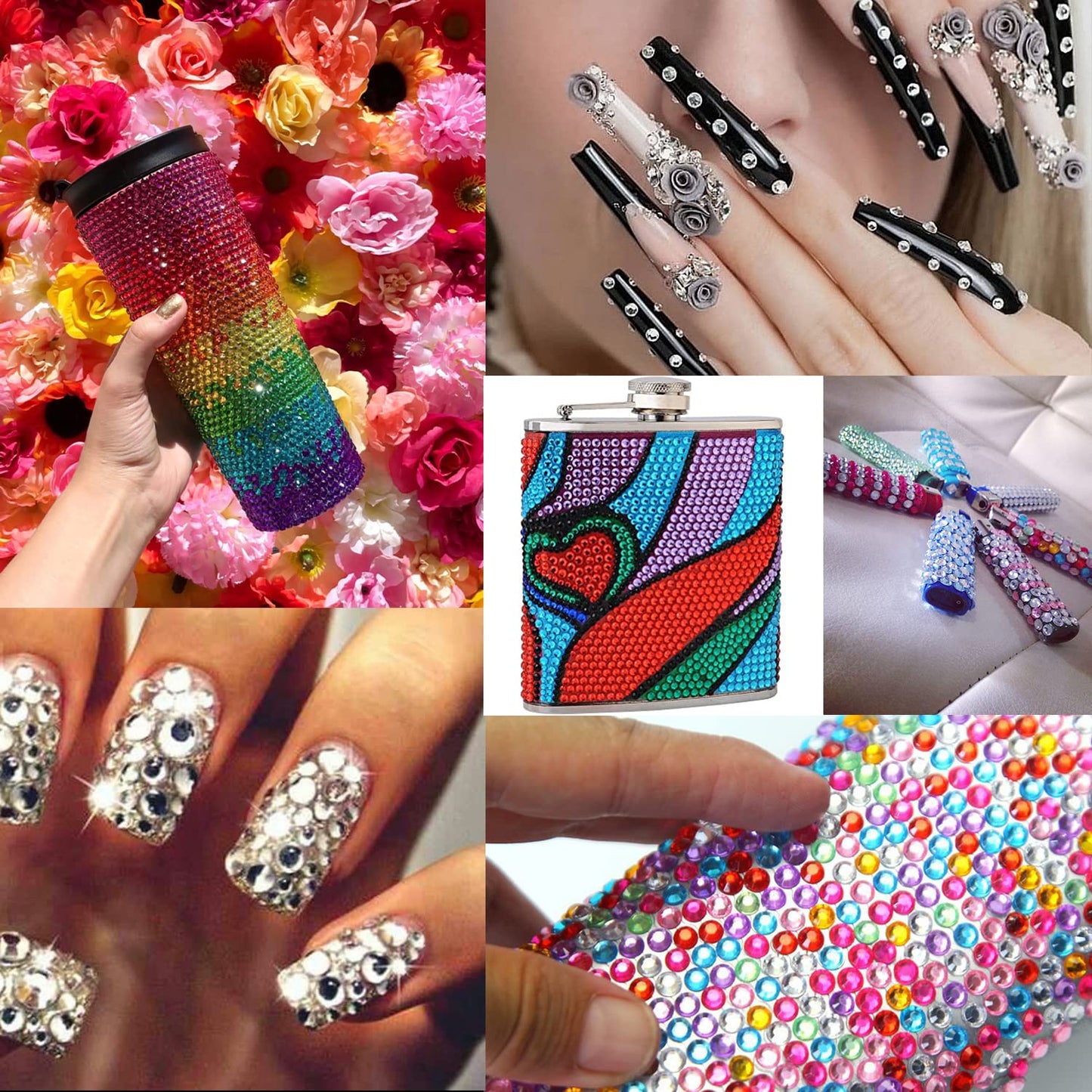 Flat Back Rhinestone Kits Colorful Rhinestones+Transparent White Gems with Quick Dry Makeup Glue+Picker Pencil+Tweezer for Nail Art and Face Make-up