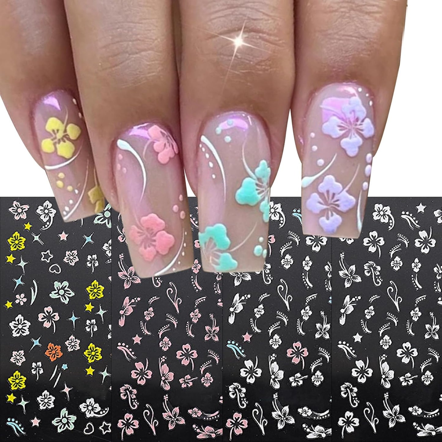 8 Sheets 3D Colored Flower Nail Stickers Summer Hibiscus Nail Decals 3D Self-Adhesive White Pink Gold Flower Pattern Women's Nail Art Supplies Decoration Accessories