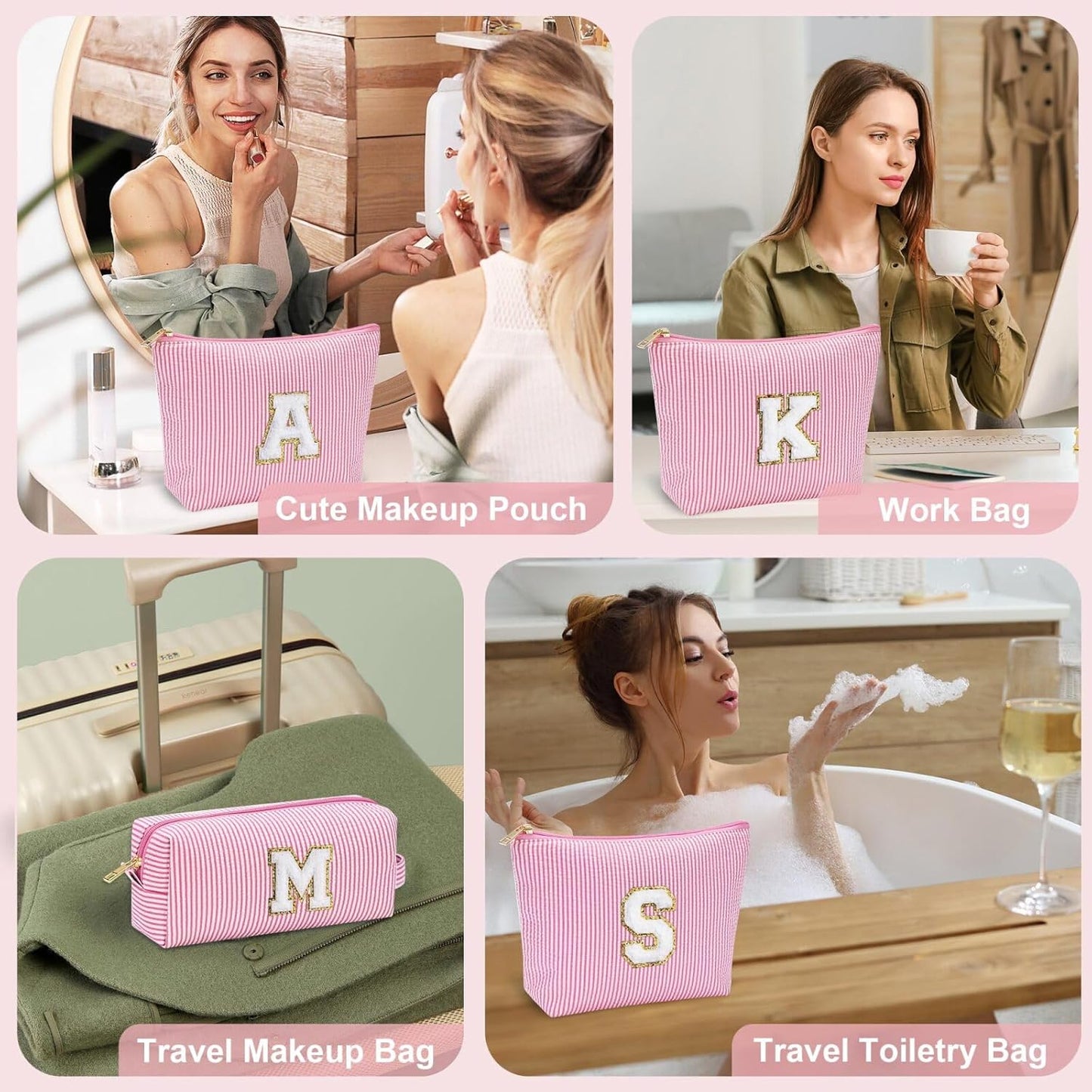 YOOLIFE Personalized Birthday Gifts for Women Teacher, Initial Cute Pink Cosmetic Makeup Bag Pouch Case Travel Toiletry Make Up Bag for Women Friends Female Friendship Girlfriend Wife Gifts Idea D