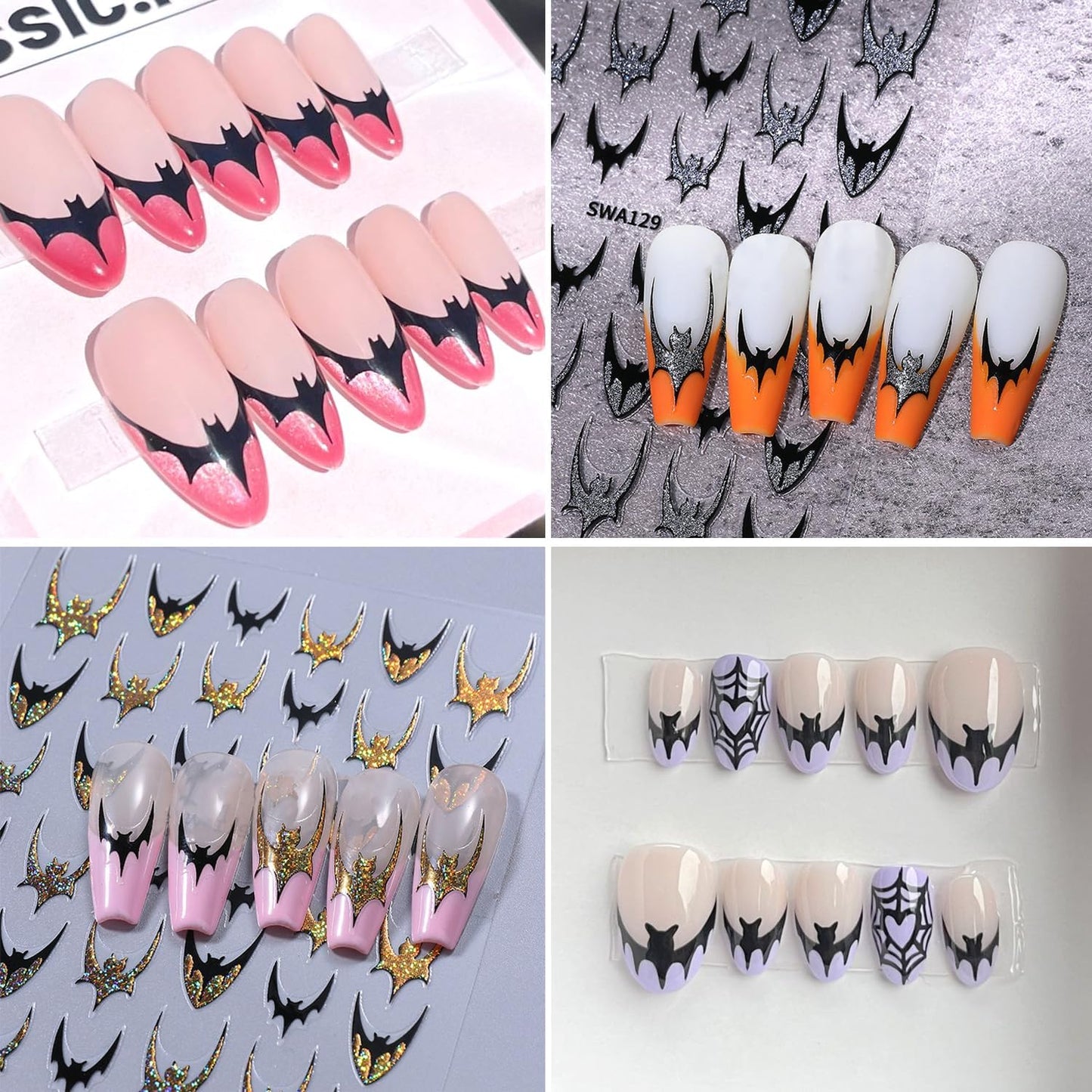 4pcs Halloween Bat Nails Art Stickers Glitter Holographic Gold Silver French Bat Design Adhesive Nail Decals Sliders Halloween French Sticker for Nails Supplies Accessories Y2K Manicure Decor