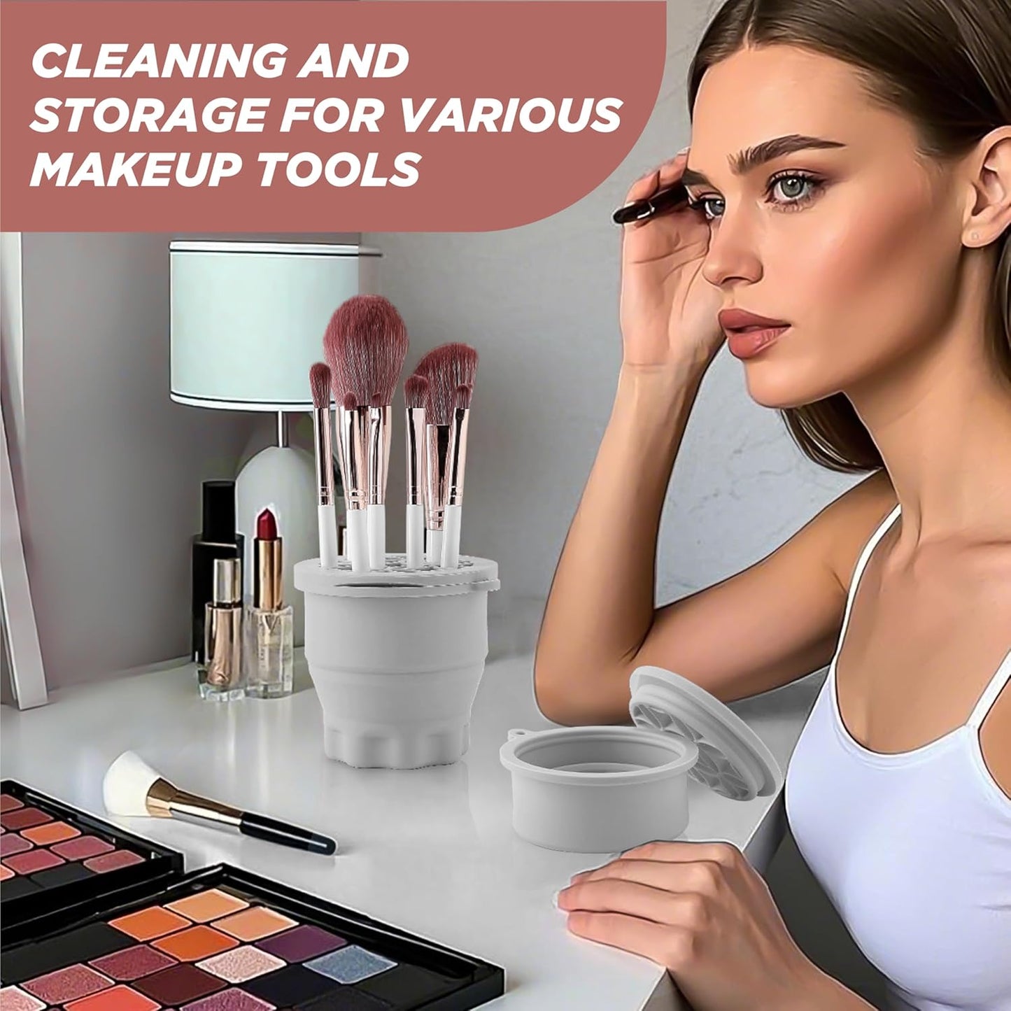 Makeup Brush Cleaner - Foldable Silicone Makeup Brush Cleaner Mat with Brush Storage Holder Makeup Brush Cleaning Bowl Cosmetic Brush Washing Tool for Cleaning Organizer and Drying (Grey)