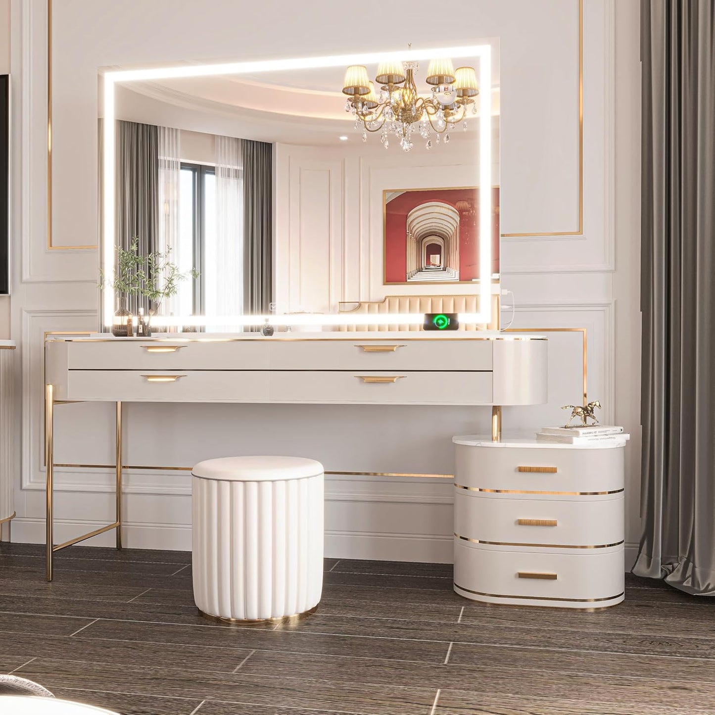 Hasipu Vanity Mirror with Lights and Bluetooth Speaker, 50" x 33.9" LED Makeup Mirror, Lighted Makeup Mirror with Dimmable 3 Modes, Touch Screen Control Vanity Mirror Square White