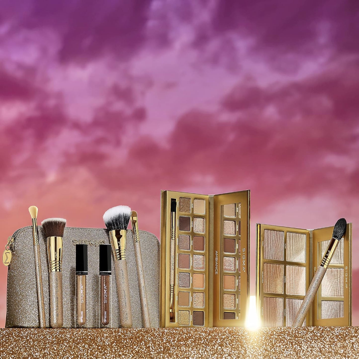 Sigma Beauty Ambiance Complete Collection - 14 Buttery Eyeshadow Powders, Highlighter Palette with 6 Metallic Highlighters, 2 Hydrating Lip Gloss, & 5 Makeup Brushes - Full Makeup Set