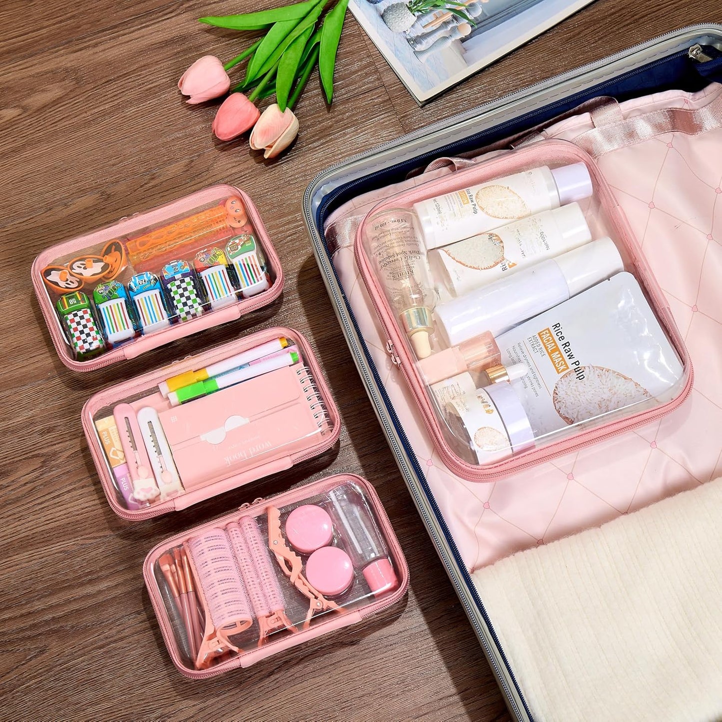 4 pcs Clear Zipper Pouches,Hard Shell Zipper Case, Toiletry Bag for Travel, CLear Diaper Bag, Toiletry Pouch, Travel Organizer, Clear Cosmetic Bag,Toy Storage Bins (M+3S) (Light Pink)
