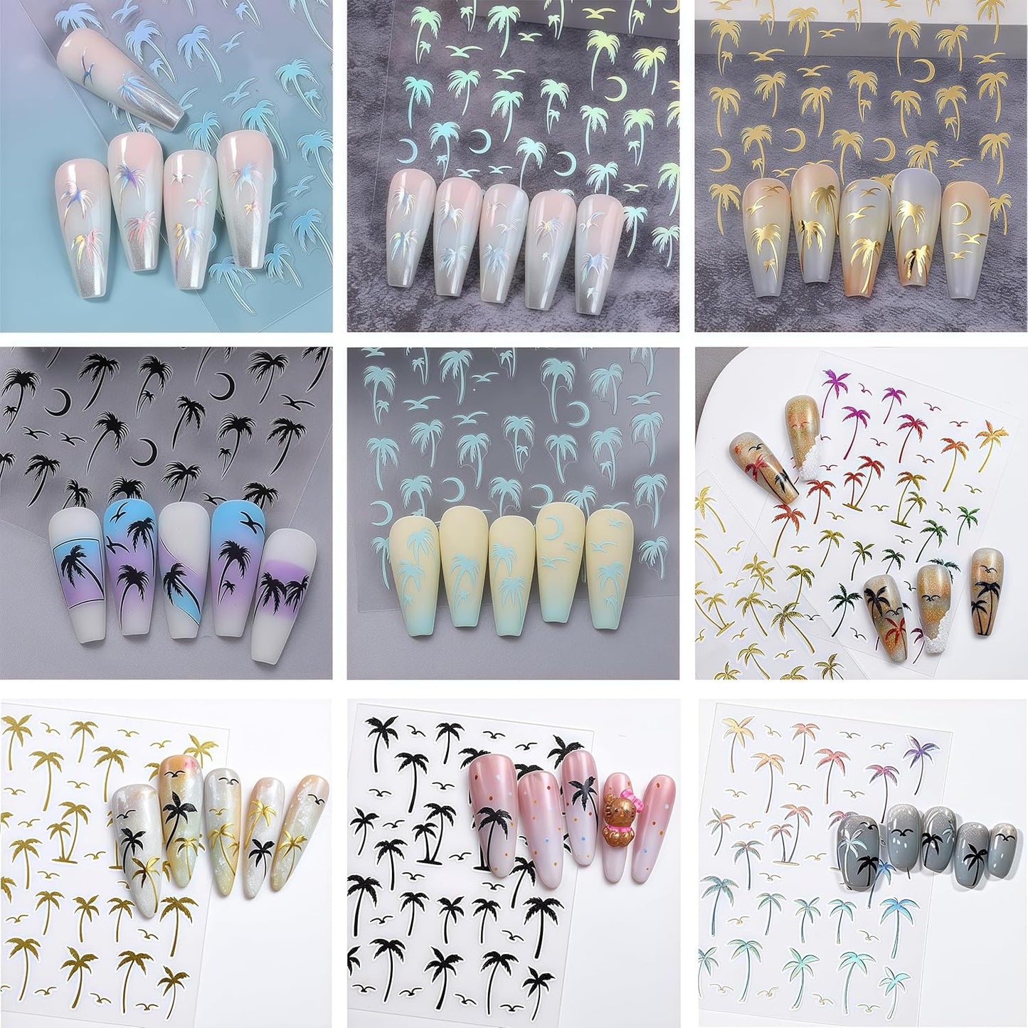 8 Sheets Tropical Palm Tree Nail Art Stickers Coconut Trees Decals Multi-Color Holographic Gradient Design with Birds and Moon Summer Beach Theme Sliders for Women Manicure Decorations
