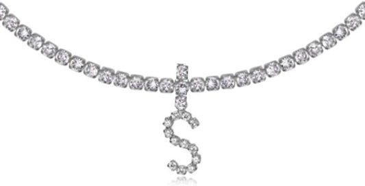 Silver Choker Necklace Rhinestones Shinning Letter M Fashion Letter A Sparkly Letter S Jewelry for Women Girls